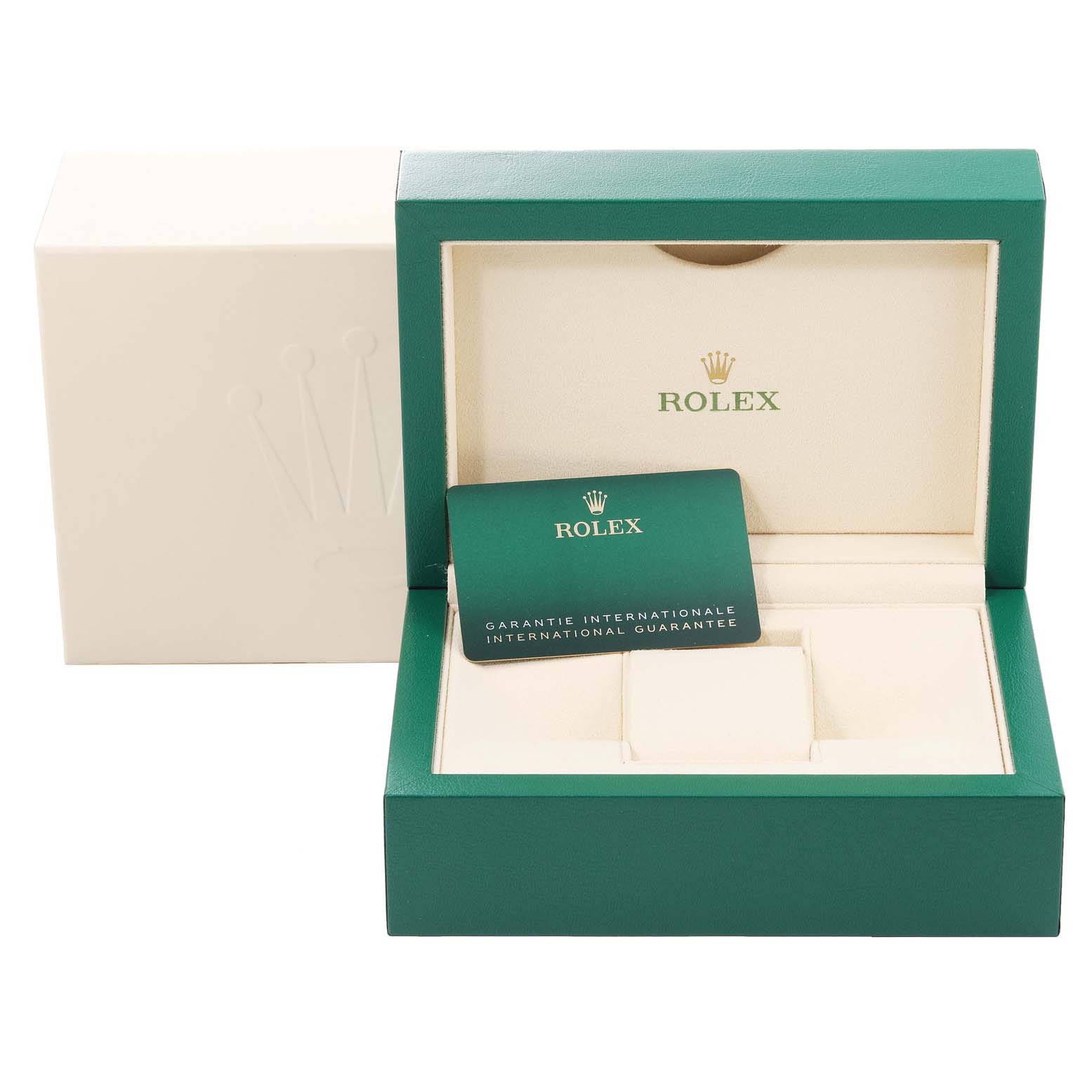 The image shows the packaging box for a Rolex Datejust 41 126300 Men's Stainless Steel Blue Dial 126300 Men's Stainless Steel Blue Dial model, including the international guarantee card.
