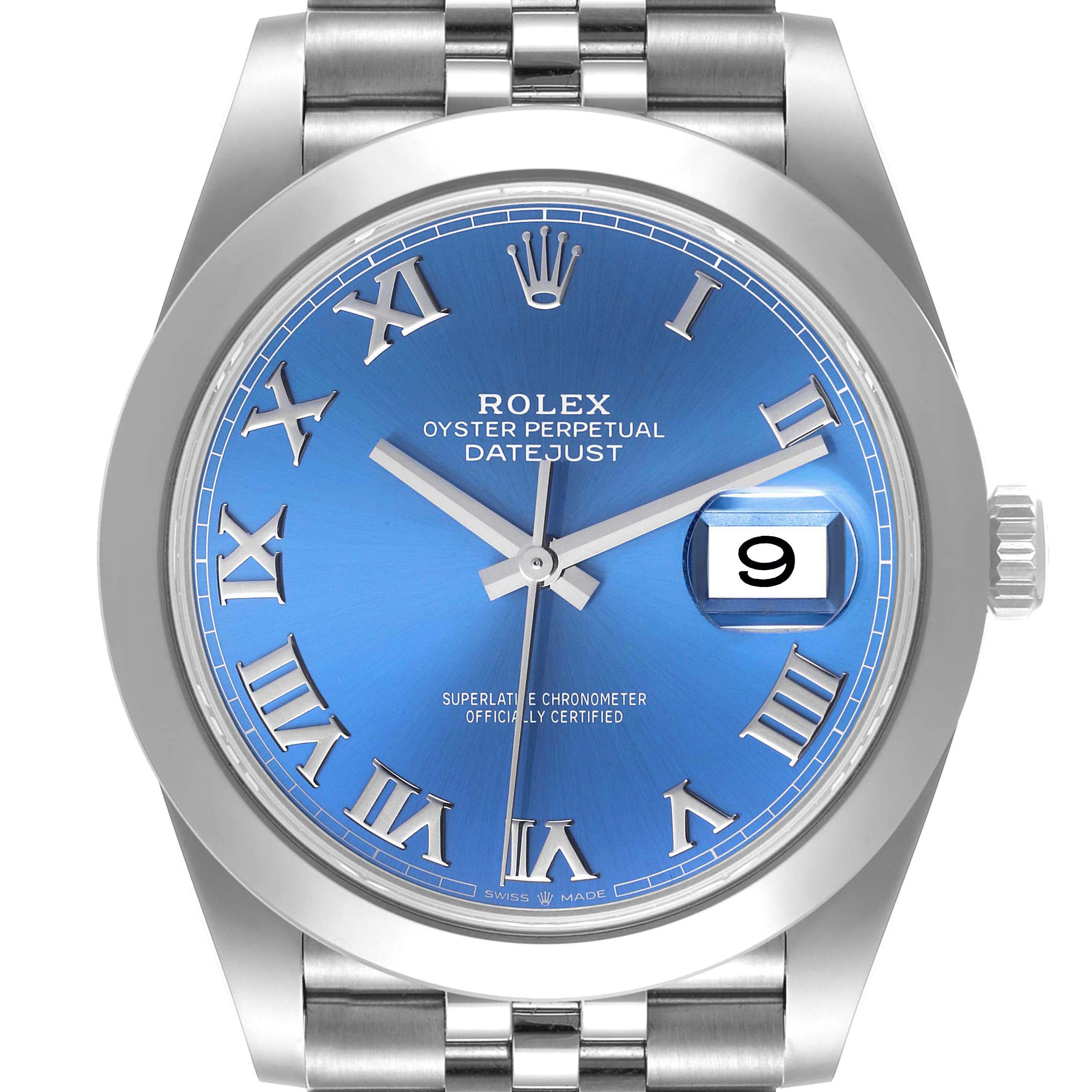 The image shows a front view of the Rolex Datejust 41 126300 Men's Stainless Steel Blue Dial 126300 Men's Stainless Steel Blue Dial watch, featuring a blue dial with Roman numerals and a date display.