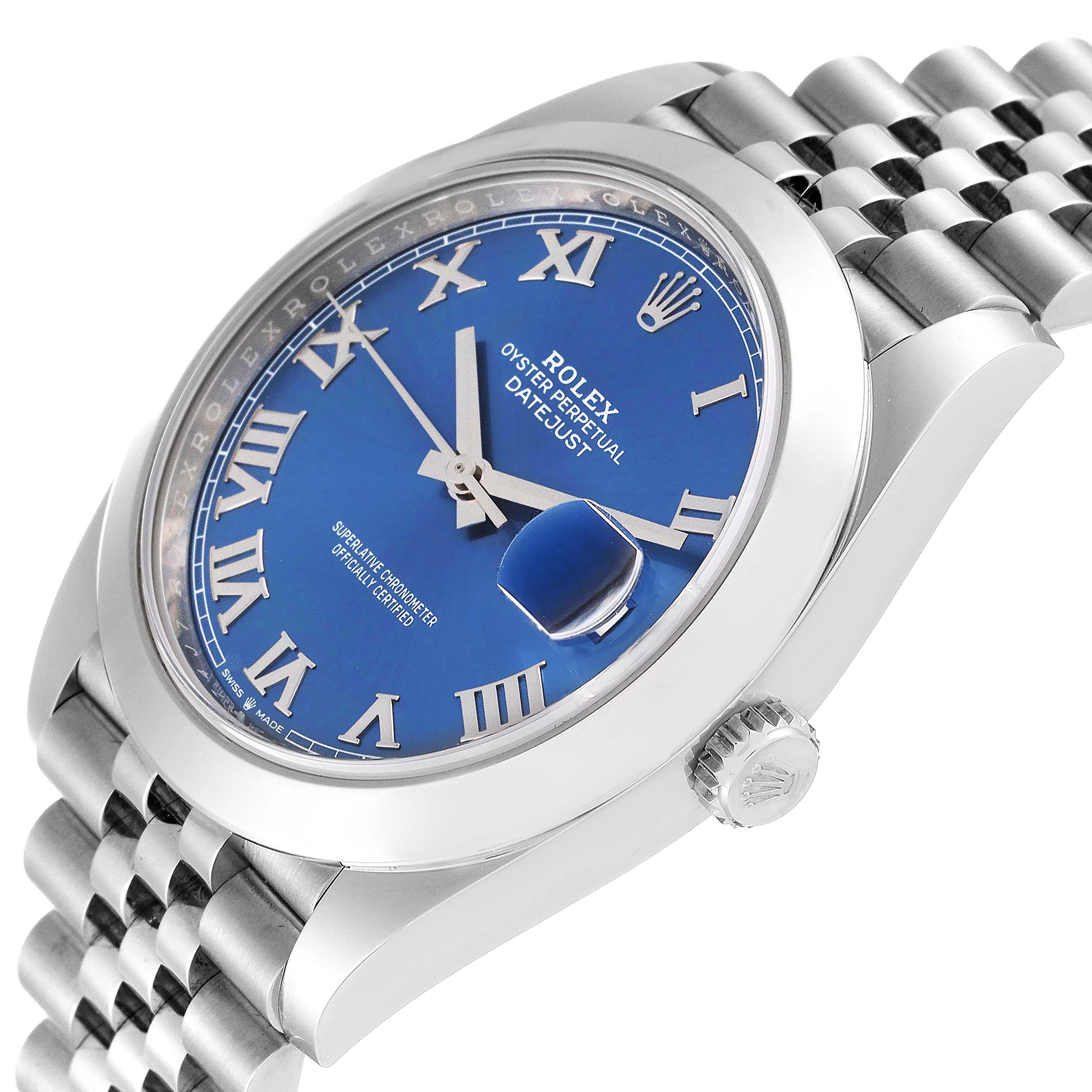 The image shows a close-up, angled view of the Rolex Datejust 41 126300 Men's Stainless Steel Blue Dial 126300 Men's Stainless Steel Blue Dial, highlighting its blue dial, roman numerals, and part of the jubilee bracelet.