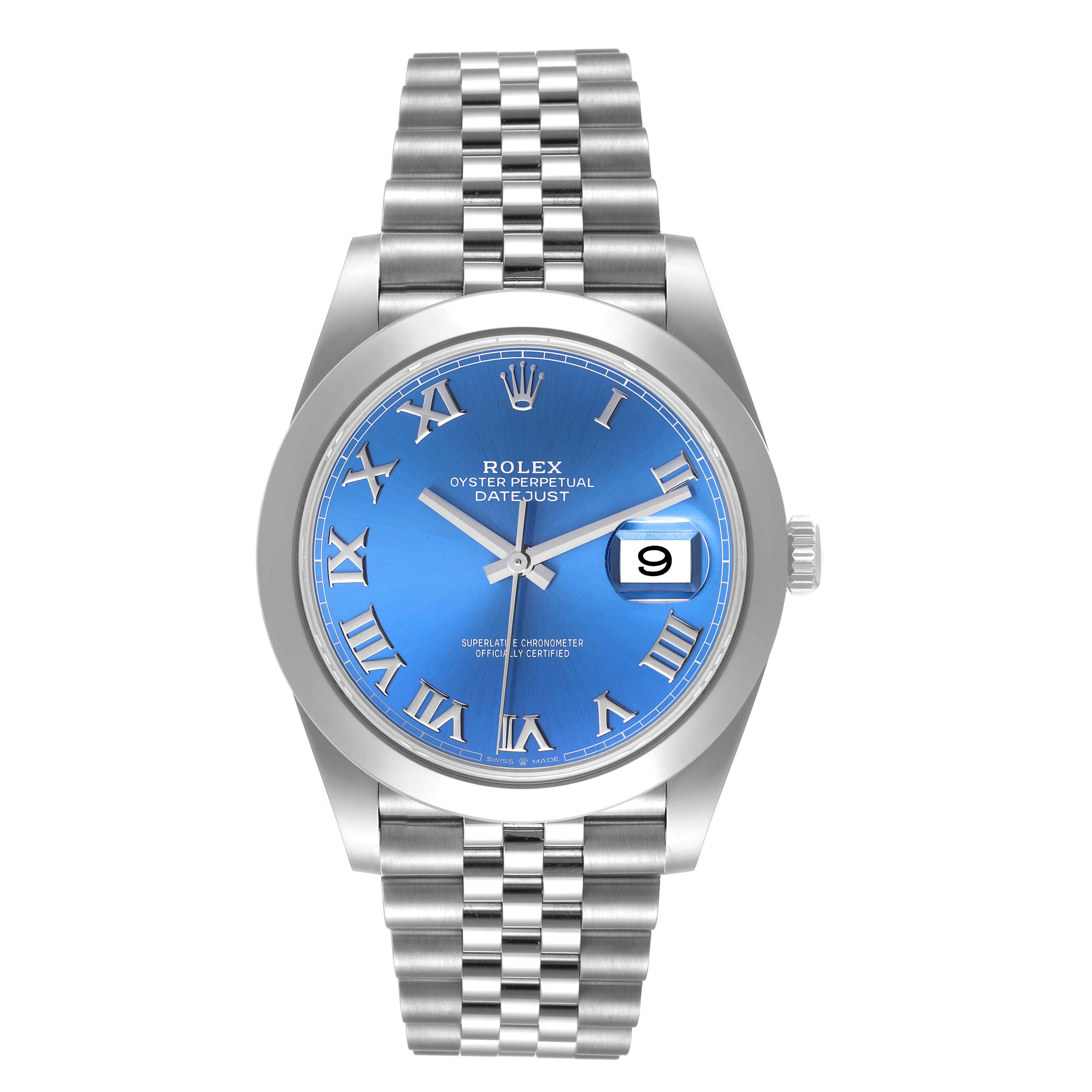 This image displays a front view of the Rolex Datejust 41 126300 Men's Stainless Steel Blue Dial 126300 Men's Stainless Steel Blue Dial watch, showcasing its blue dial, Roman numeral markers, date window, and metal bracelet.
