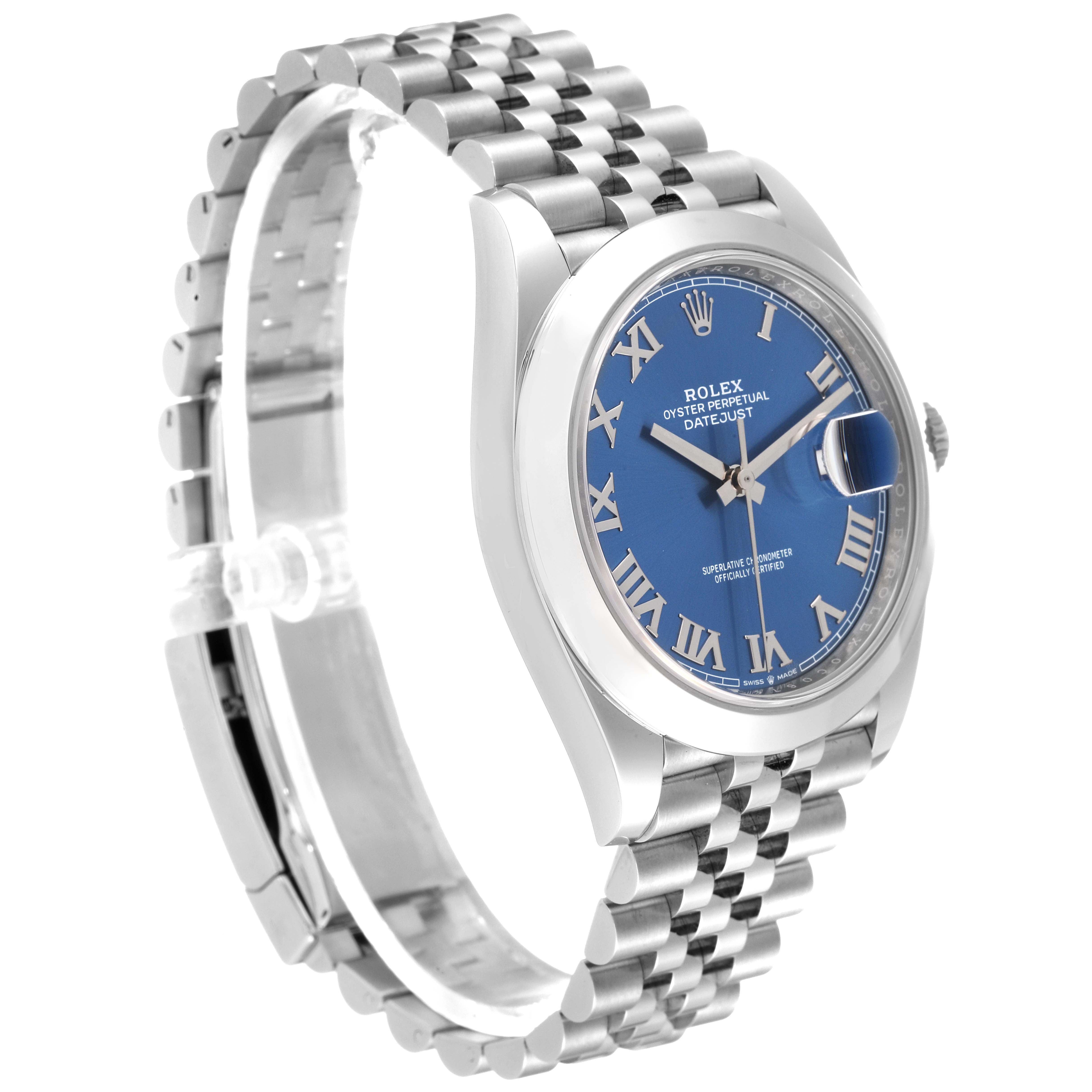 This image shows a Rolex Datejust 41 126300 Men's Stainless Steel Blue Dial 126300 Men's Stainless Steel Blue Dial watch at an angle, highlighting the blue dial, Roman numerals, and Jubilee bracelet.