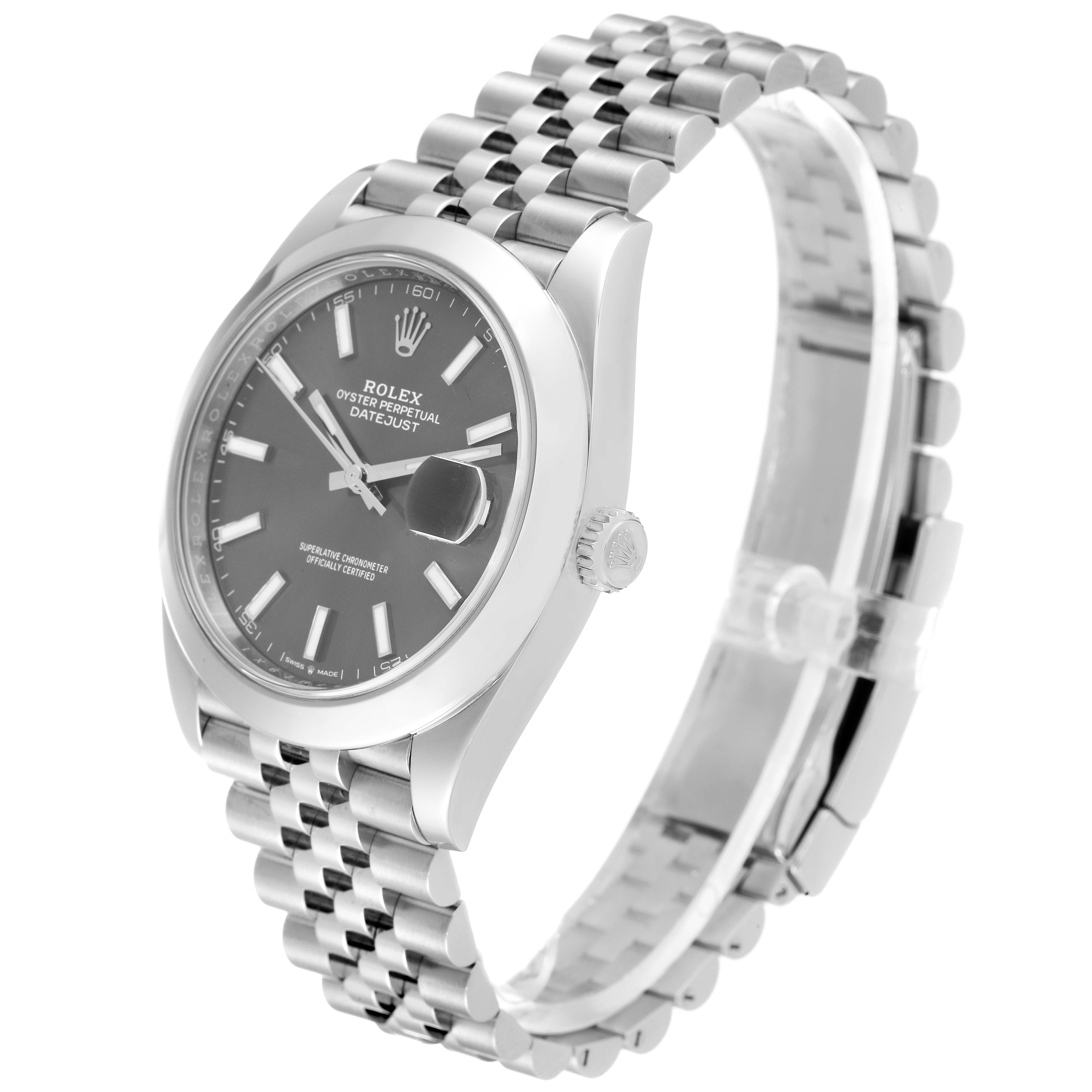 The image shows a side angle of a Rolex Datejust 41 126300 Men's Stainless Steel Grey Dial 126300 Men's Stainless Steel Grey Dial watch, highlighting the face, bezel, and jubilee bracelet.