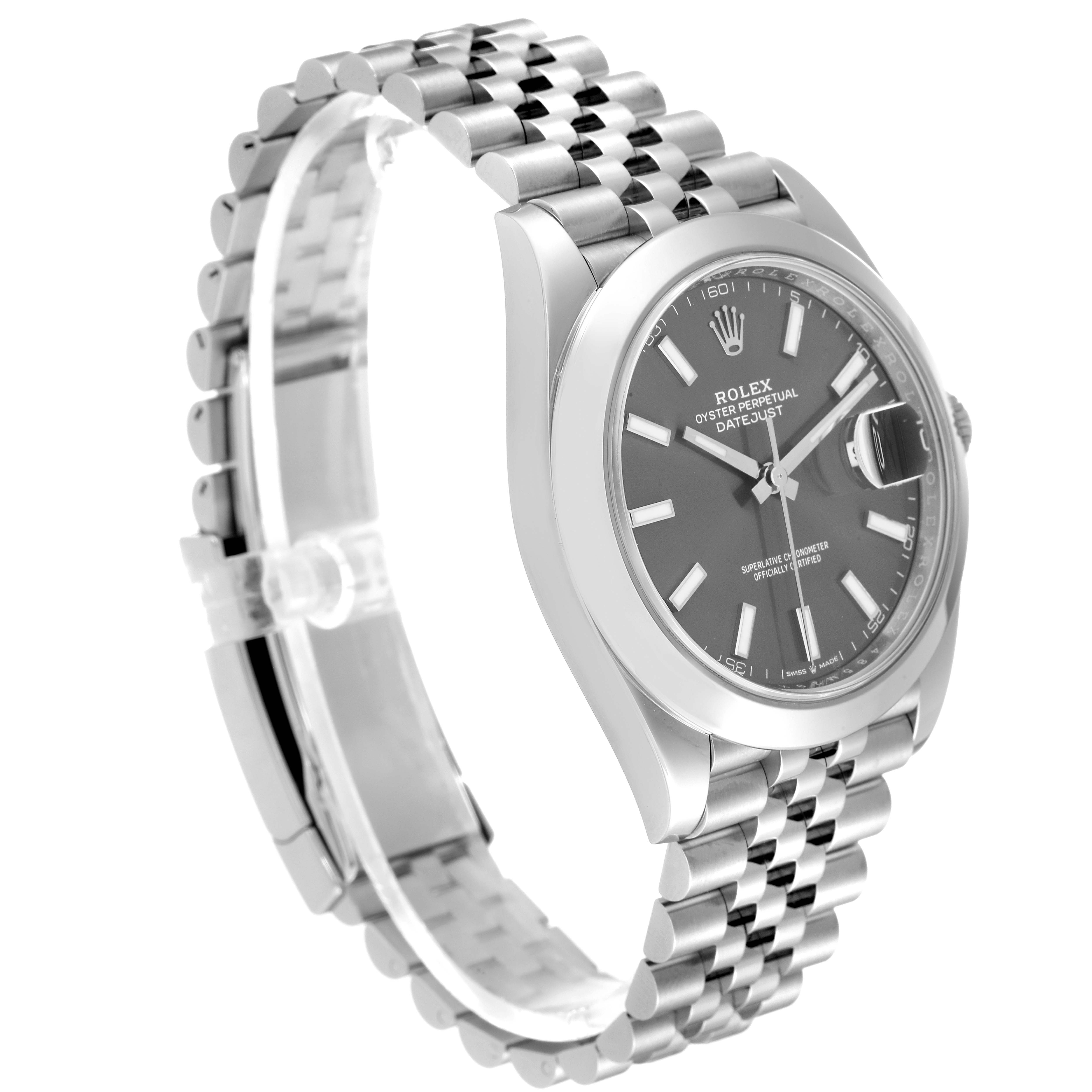 The image shows a Rolex Datejust 41 126300 Men's Stainless Steel Grey Dial 126300 Men's Stainless Steel Grey Dial watch at a three-quarter angle, highlighting its face, bezel, and jubilee bracelet.