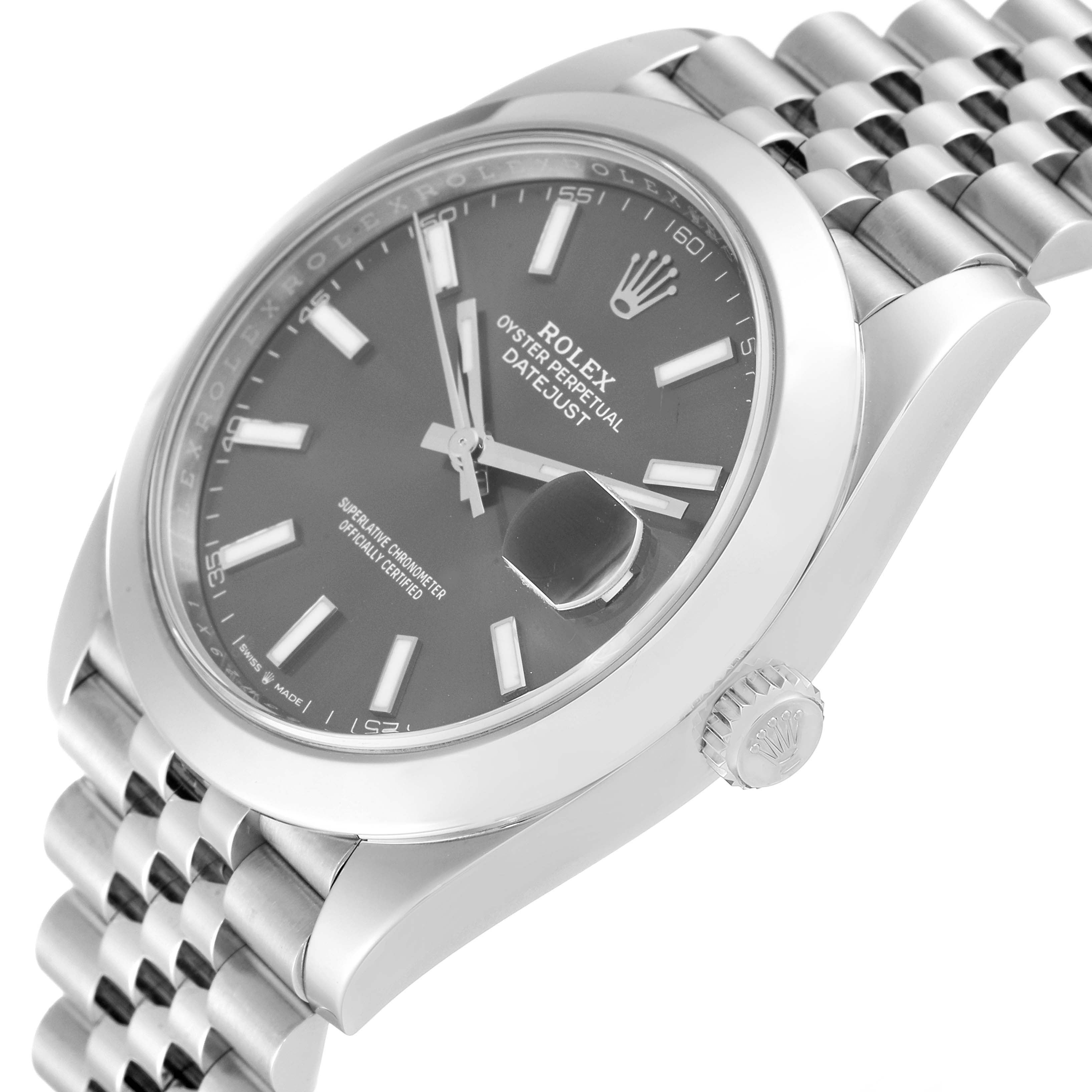 The Rolex Datejust 41 126300 Men's Stainless Steel Grey Dial 126300 Men's Stainless Steel Grey Dial model watch is shown at an angled view, displaying the face, bezel, and part of the Jubilee bracelet.