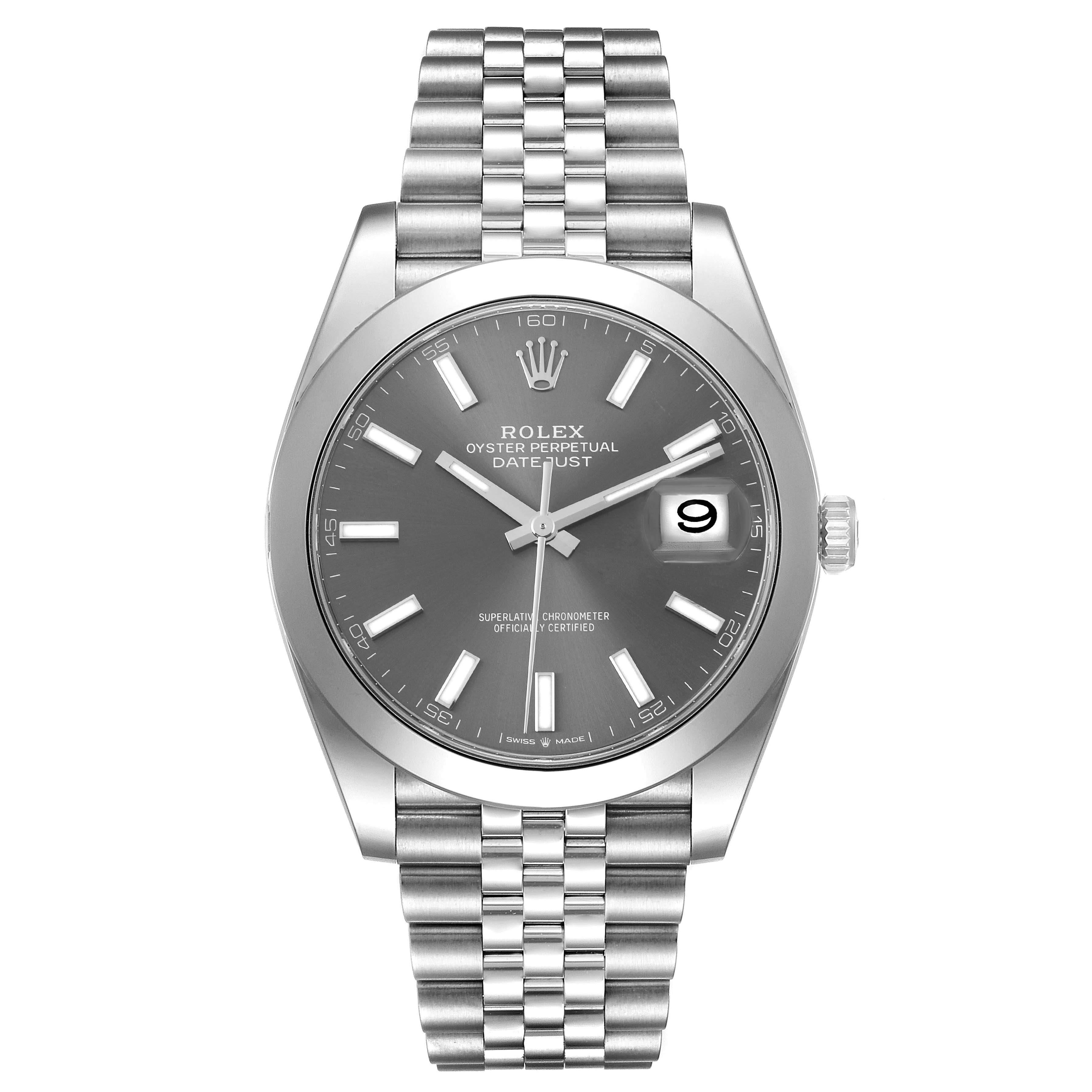 The image shows a frontal view of the Rolex Datejust 41 126300 Men's Stainless Steel Grey Dial 126300 Men's Stainless Steel Grey Dial model, highlighting its dial, hands, bracelet, and date window.