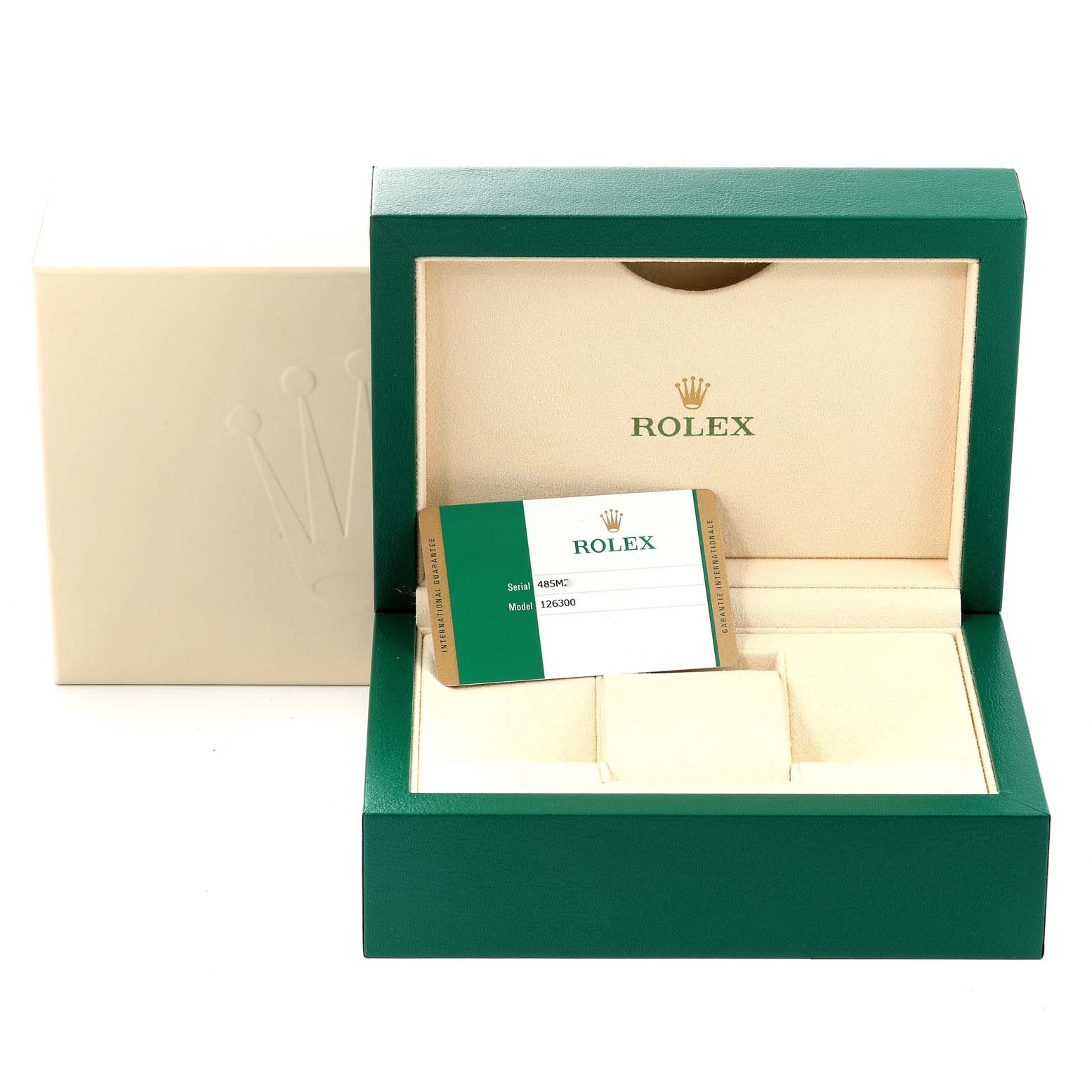 This image shows the packaging and warranty card for a Rolex Datejust 41 126300 Men's Stainless Steel Grey Dial 126300 Men's Stainless Steel Grey Dial model, with the watch box open.