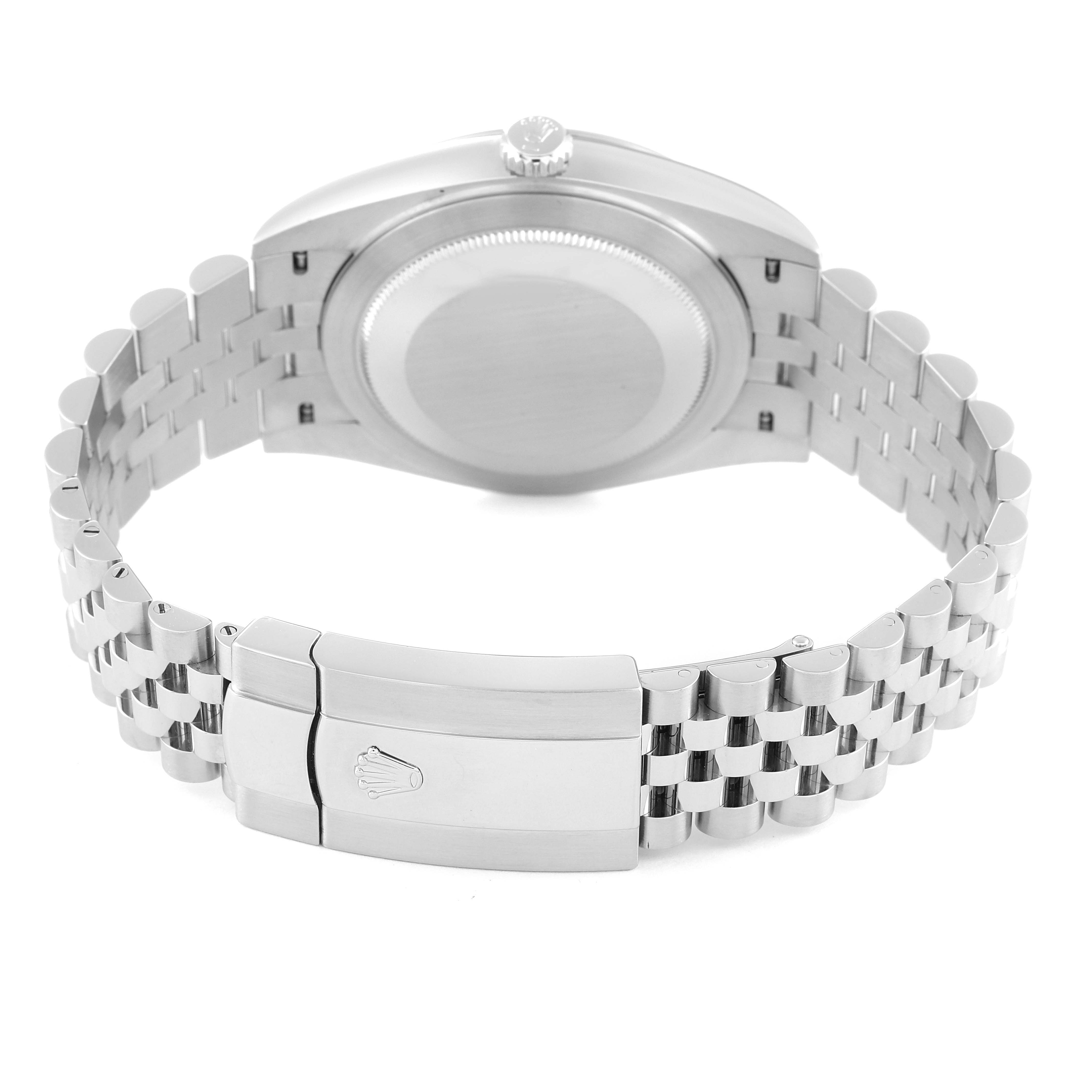 This image shows the back view of the Rolex Datejust 41 126300 Men's Stainless Steel Grey Dial 126300 Men's Stainless Steel Grey Dial, highlighting its case back and metal bracelet with the clasp.