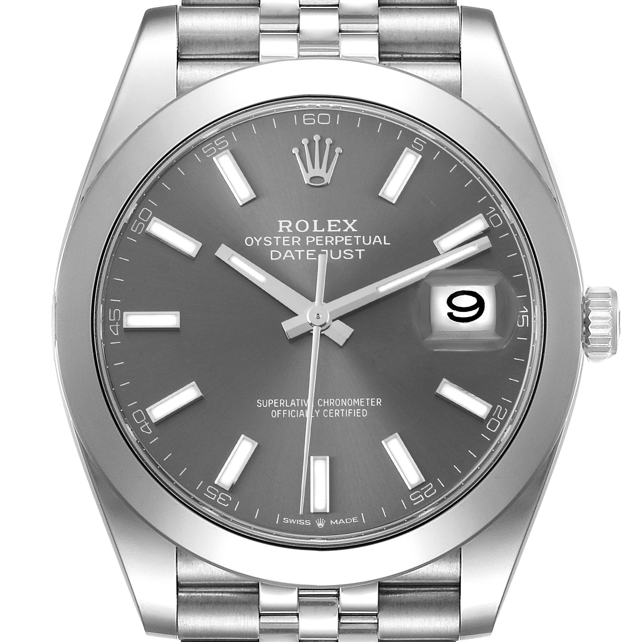 This image shows a front-angle view of the face and partially visible bracelet of the Rolex Datejust 41 126300 Men's Stainless Steel Grey Dial 126300 Men's Stainless Steel Grey Dial.