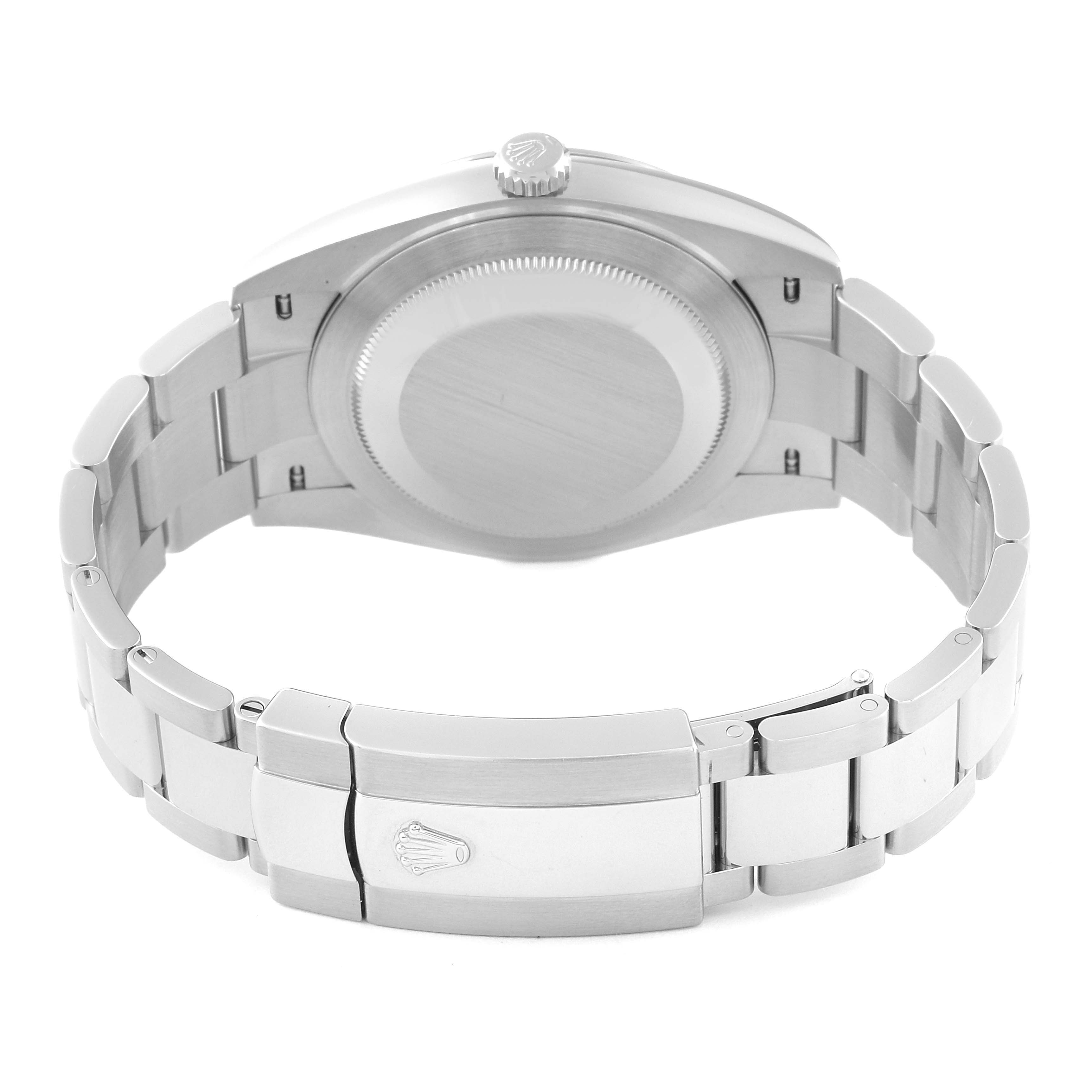 This image shows the Rolex Datejust 41 126300 Men
s Stainless Steel Grey Dial 126300 Men
s Stainless Steel Grey Dial watch from the back, highlighting the case back and bracelet clasp.