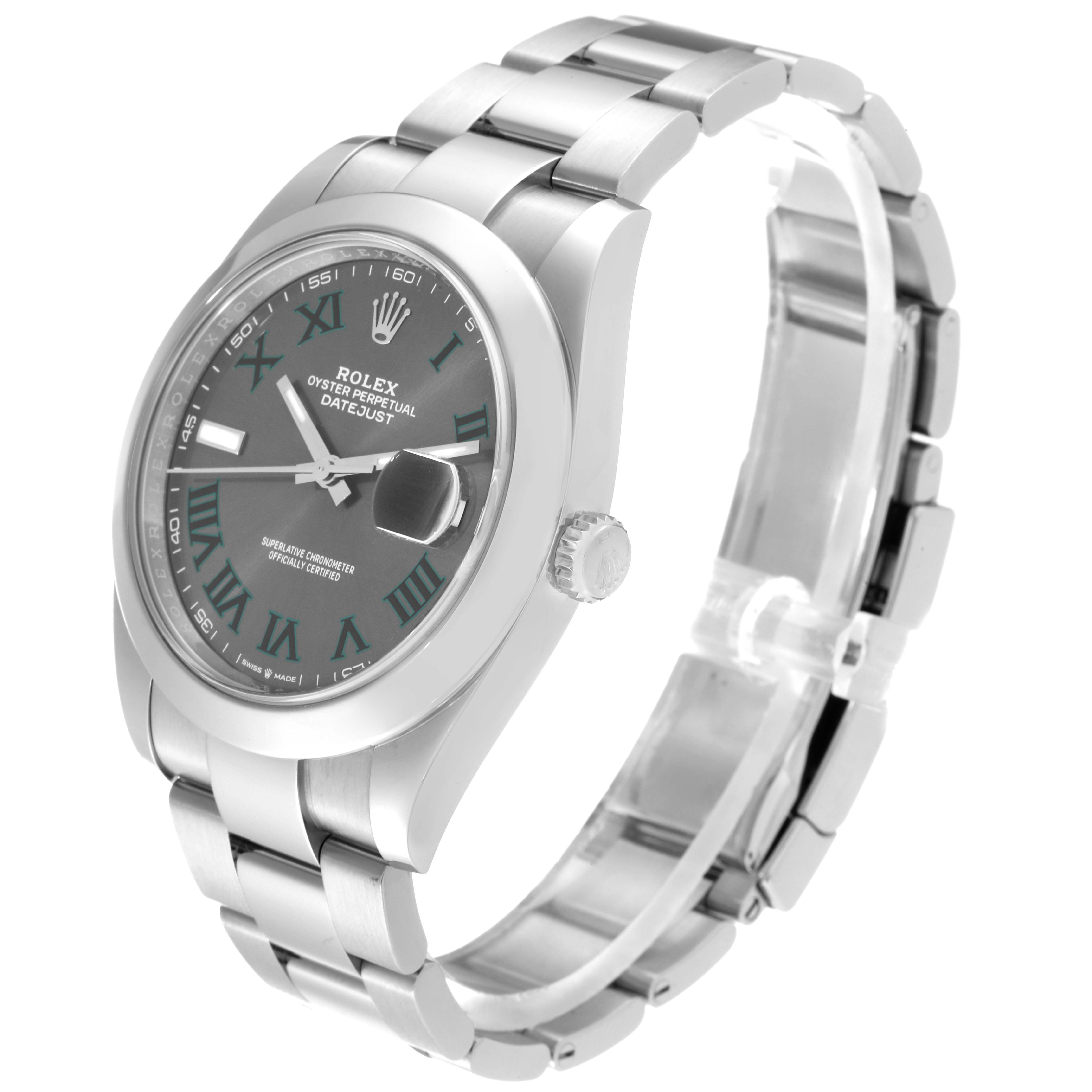 The Rolex Datejust 41 126300 Men
s Stainless Steel Grey Dial 126300 Men
s Stainless Steel Grey Dial watch is shown at a three-quarter angle, displaying its face, bezel, crown, and bracelet.