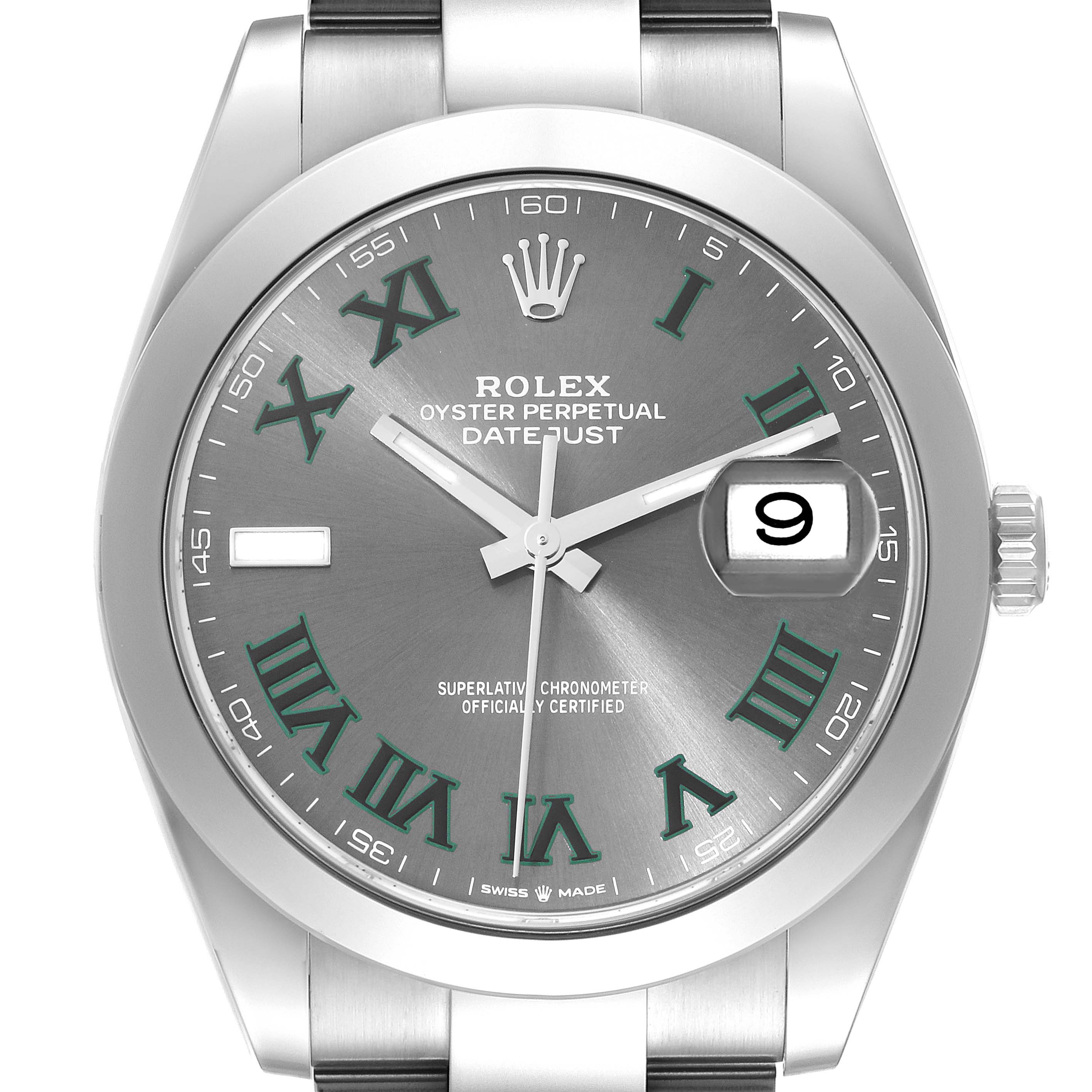 The image shows a front view of the Rolex Datejust 41 126300 Men
s Stainless Steel Grey Dial 126300 Men
s Stainless Steel Grey Dial watch, displaying the dial, hands, date window, and part of the bracelet.