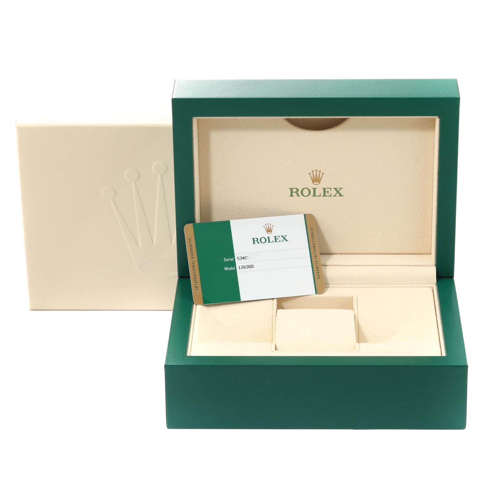 The image shows the packaging box and warranty card for a Rolex Datejust 41 126300 Men
s Stainless Steel Grey Dial 126300 Men
s Stainless Steel Grey Dial model, viewed from the front.