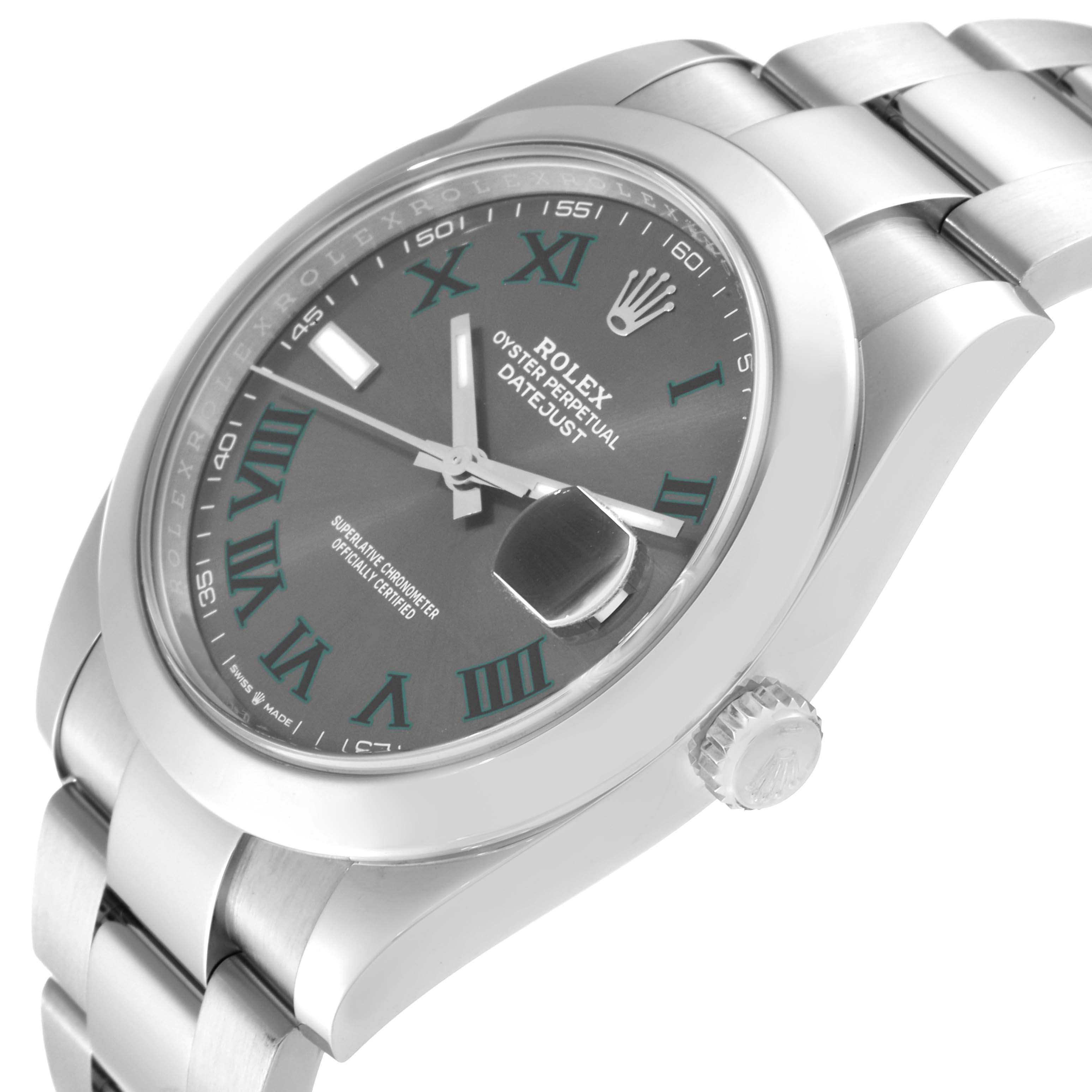The image shows a close-up view of the side angle of a Rolex Datejust 41 126300 Men
s Stainless Steel Grey Dial 126300 Men
s Stainless Steel Grey Dial, displaying the dial, crown, and part of the bracelet.