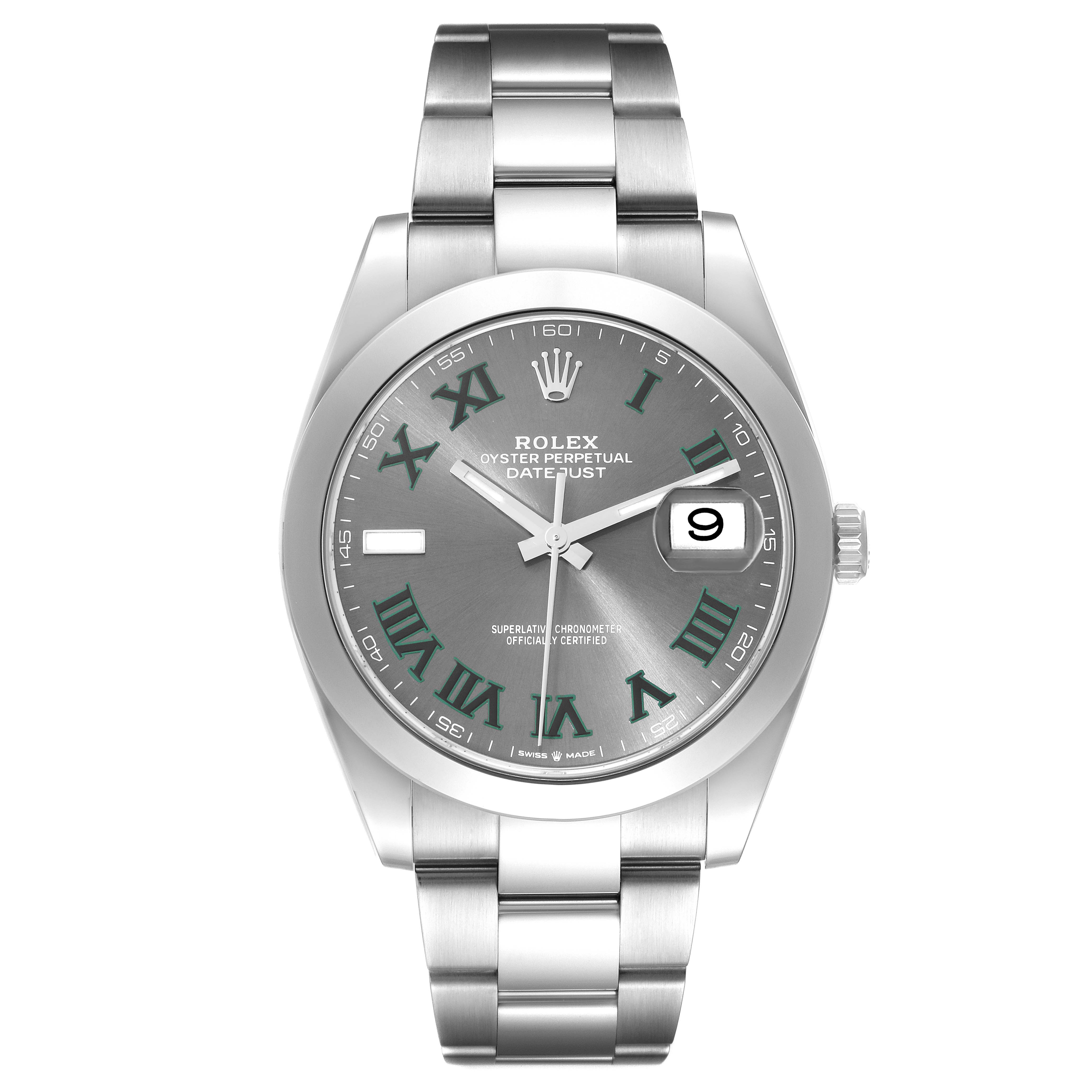 The image shows a frontal view of the Rolex Datejust 41 126300 Men
s Stainless Steel Grey Dial 126300 Men
s Stainless Steel Grey Dial watch, highlighting the dial, bracelet, and date feature.