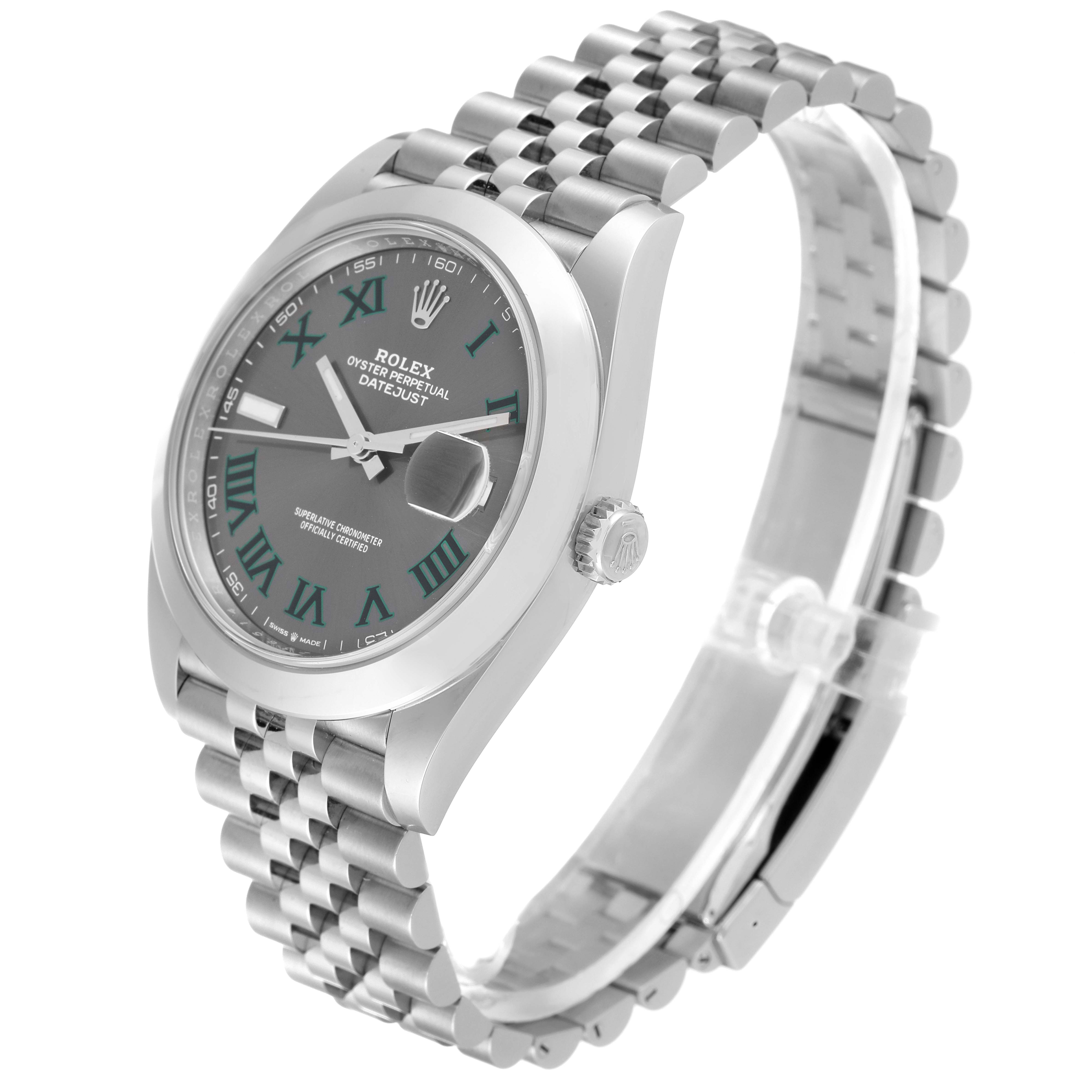 The Rolex Datejust 41 126300 Men's Stainless Steel Grey Dial 126300 Men's Stainless Steel Grey Dial watch is shown from a three-quarter angle, displaying its dial, bracelet, and crown.