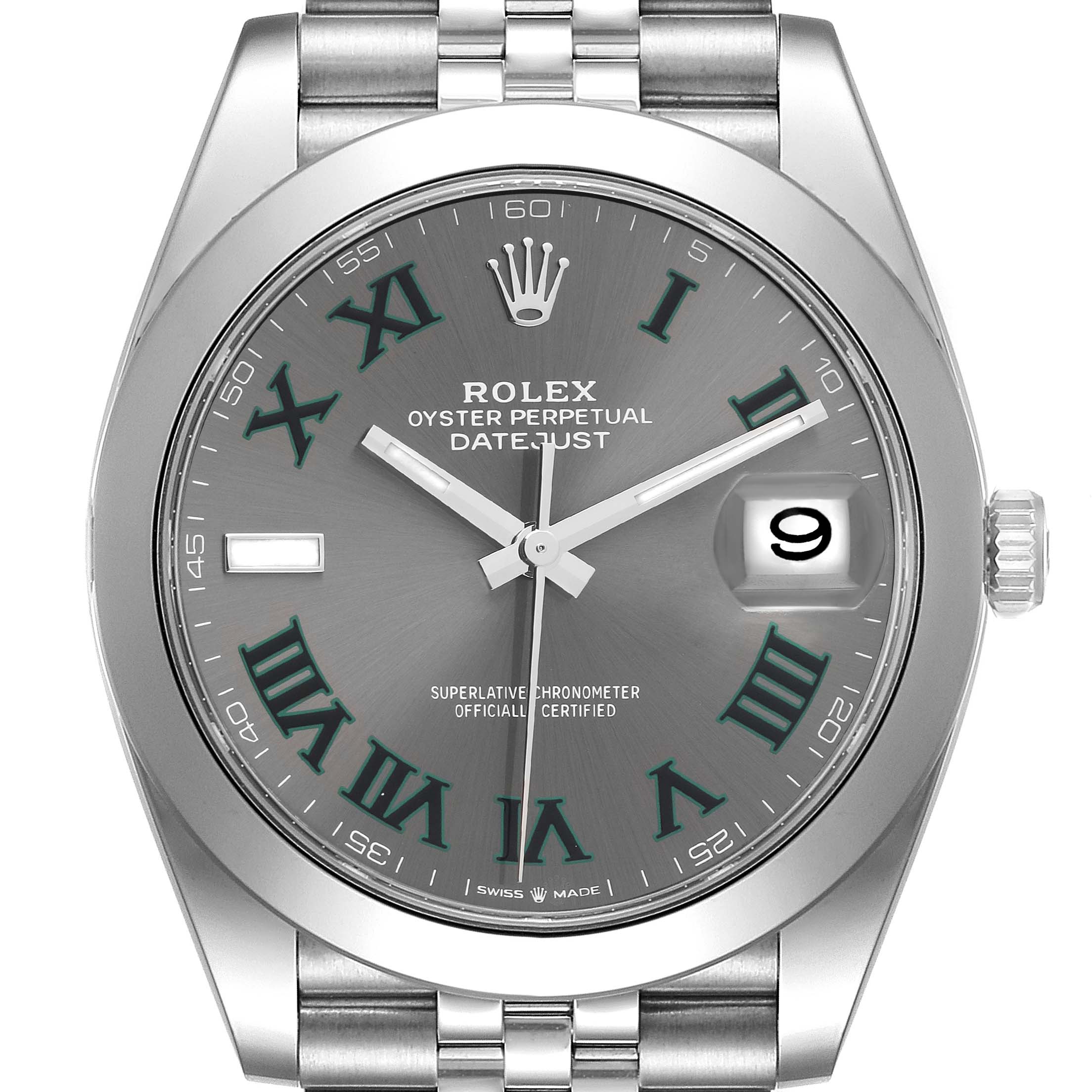 The image shows a front view of a Rolex Datejust 41 126300 Men's Stainless Steel Grey Dial 126300 Men's Stainless Steel Grey Dial watch, highlighting the dial, hands, crown, date window, and part of the bracelet.