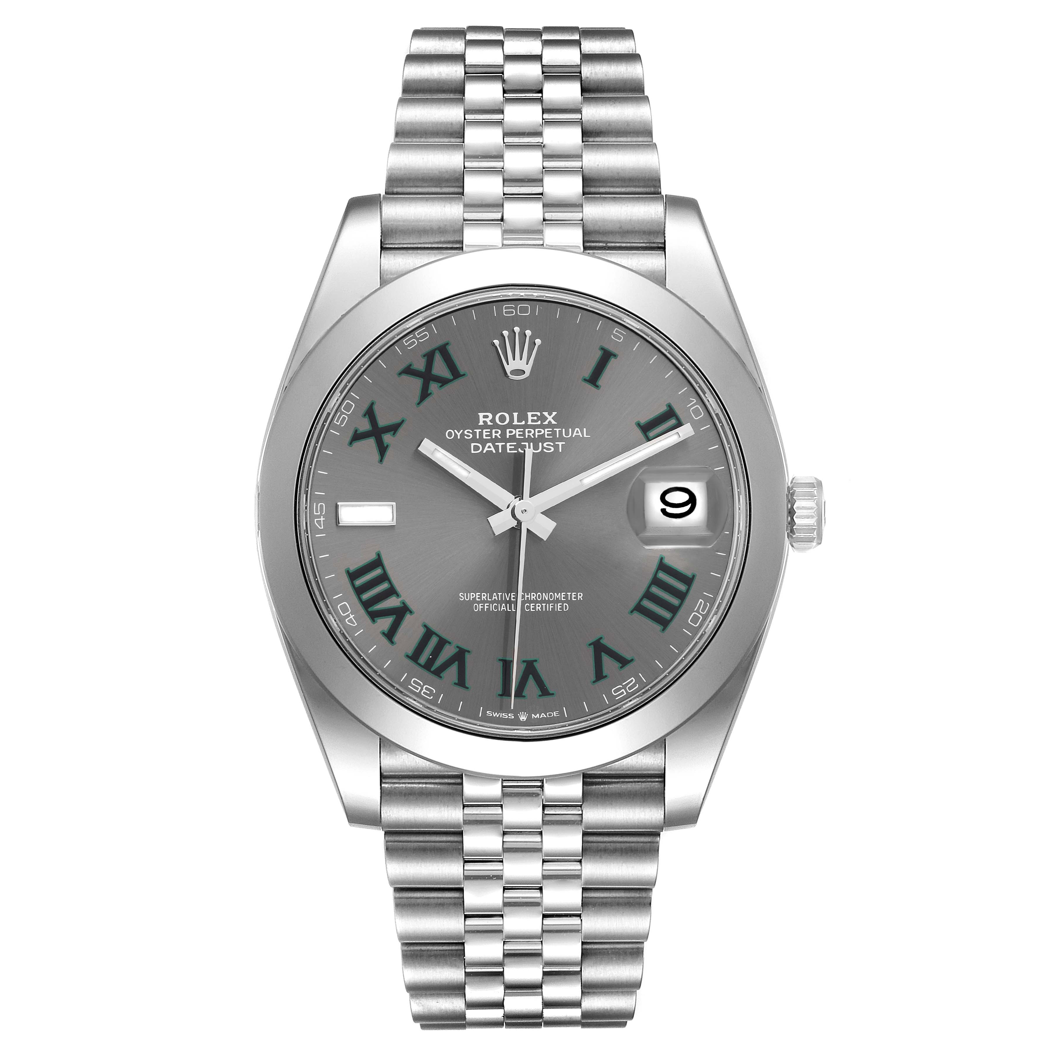 The image shows a frontal view of the Rolex Datejust 41 126300 Men's Stainless Steel Grey Dial 126300 Men's Stainless Steel Grey Dial watch, highlighting its grey dial, Roman numerals, and Jubilee bracelet.