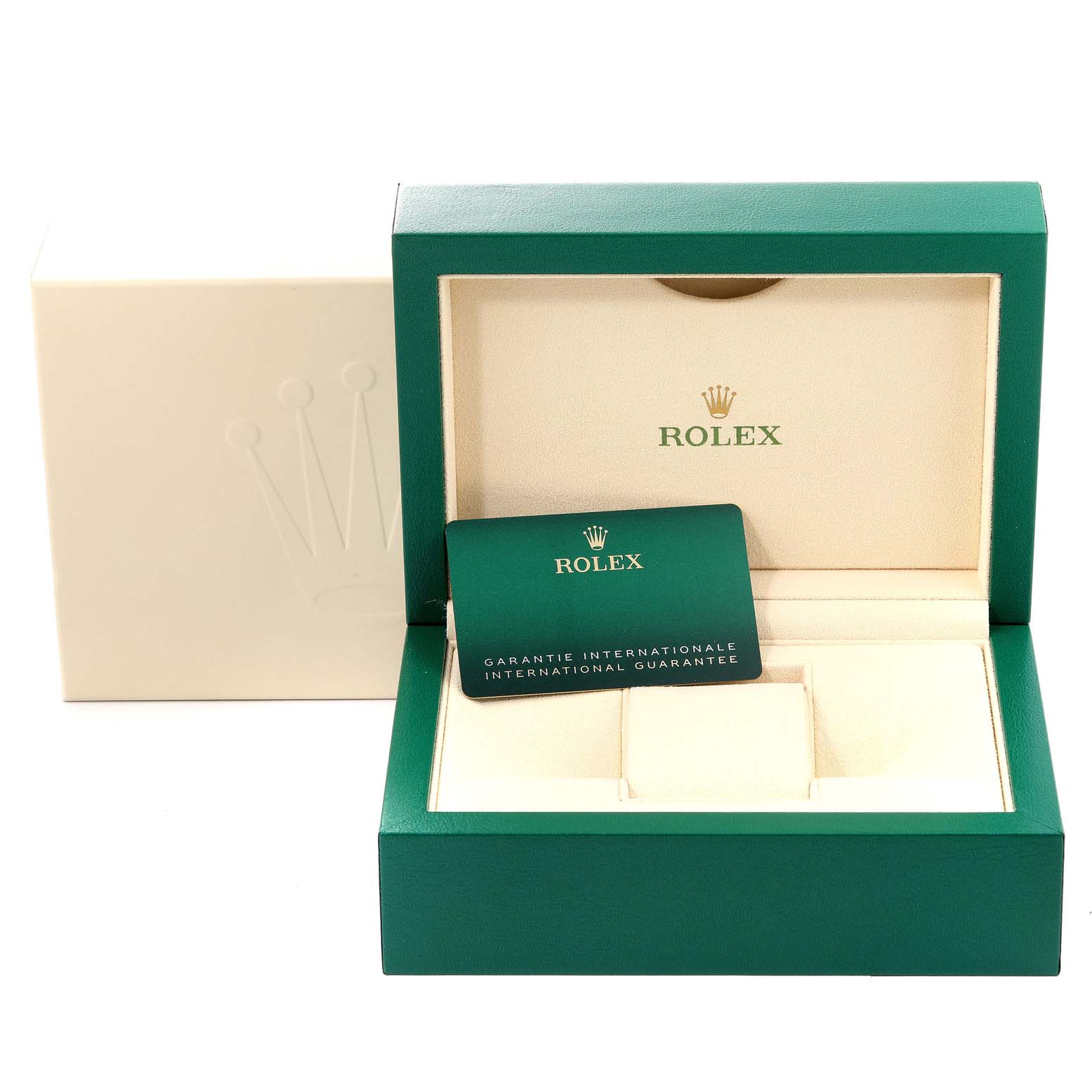 The image shows the packaging and international guarantee card for a Rolex Datejust 41 126300 Men's Stainless Steel Grey Dial 126300 Men's Stainless Steel Grey Dial watch, with a green box and cream-colored interior.