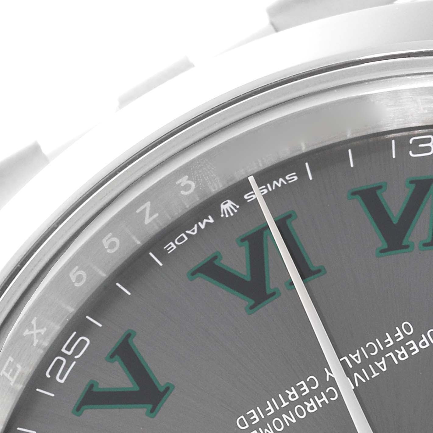 This image shows a close-up of the dial, including the Roman numeral VI, the "Swiss Made" text, and part of the bezel of a Rolex Datejust 41 126300 Men's Stainless Steel Grey Dial 126300 Men's Stainless Steel Grey Dial watch.