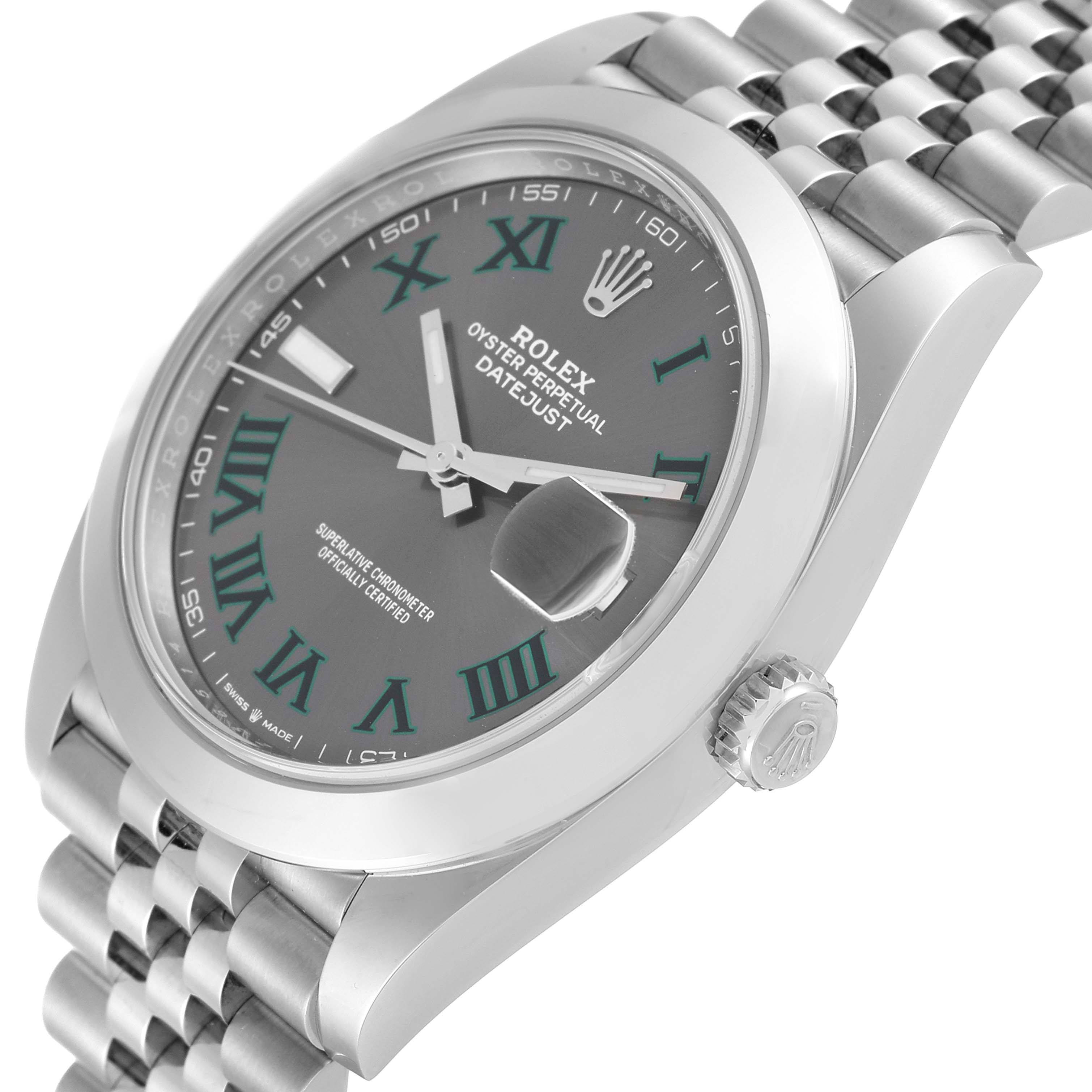 The image shows a side angle of a Rolex Datejust 41 126300 Men's Stainless Steel Grey Dial 126300 Men's Stainless Steel Grey Dial, highlighting the dial, bezel, and Jubilee bracelet.