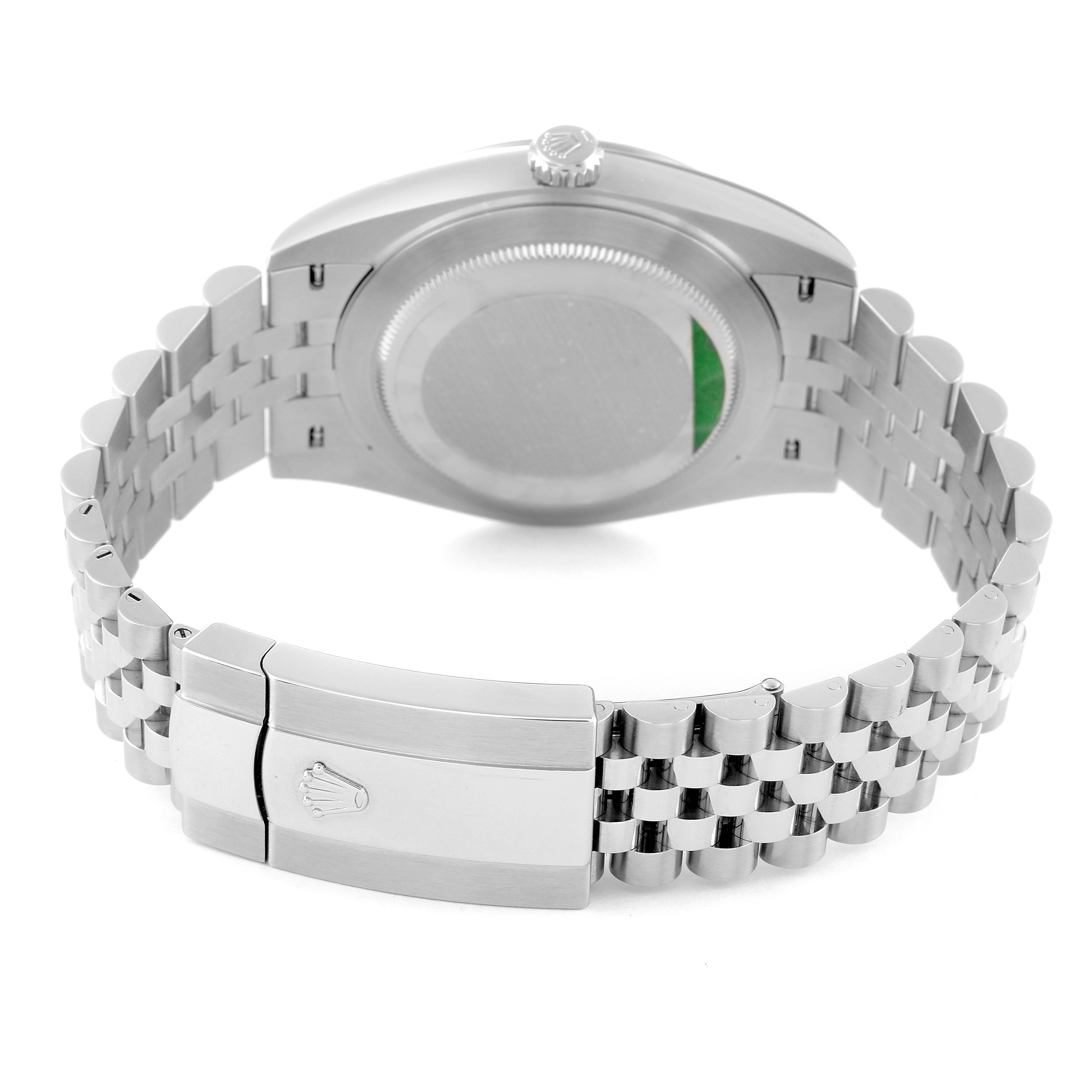 This image shows the Rolex Datejust 41 126300 Men's Stainless Steel Grey Dial 126300 Men's Stainless Steel Grey Dial model from the back, displaying its case, crown, and part of the bracelet with the clasp.