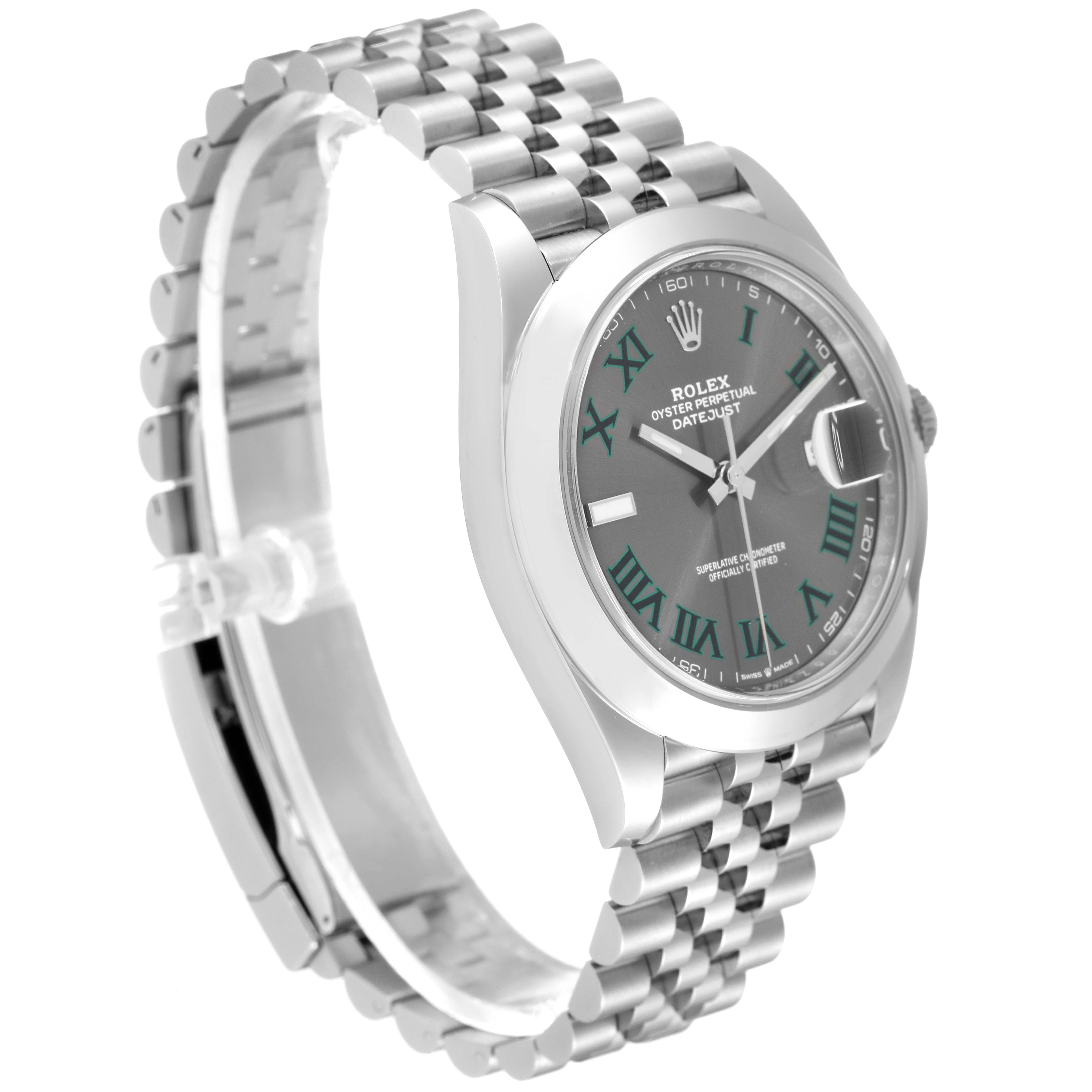 The Rolex Datejust 41 126300 Men's Stainless Steel Grey Dial 126300 Men's Stainless Steel Grey Dial watch is shown at a three-quarter angle, highlighting its face, band, and side profile.