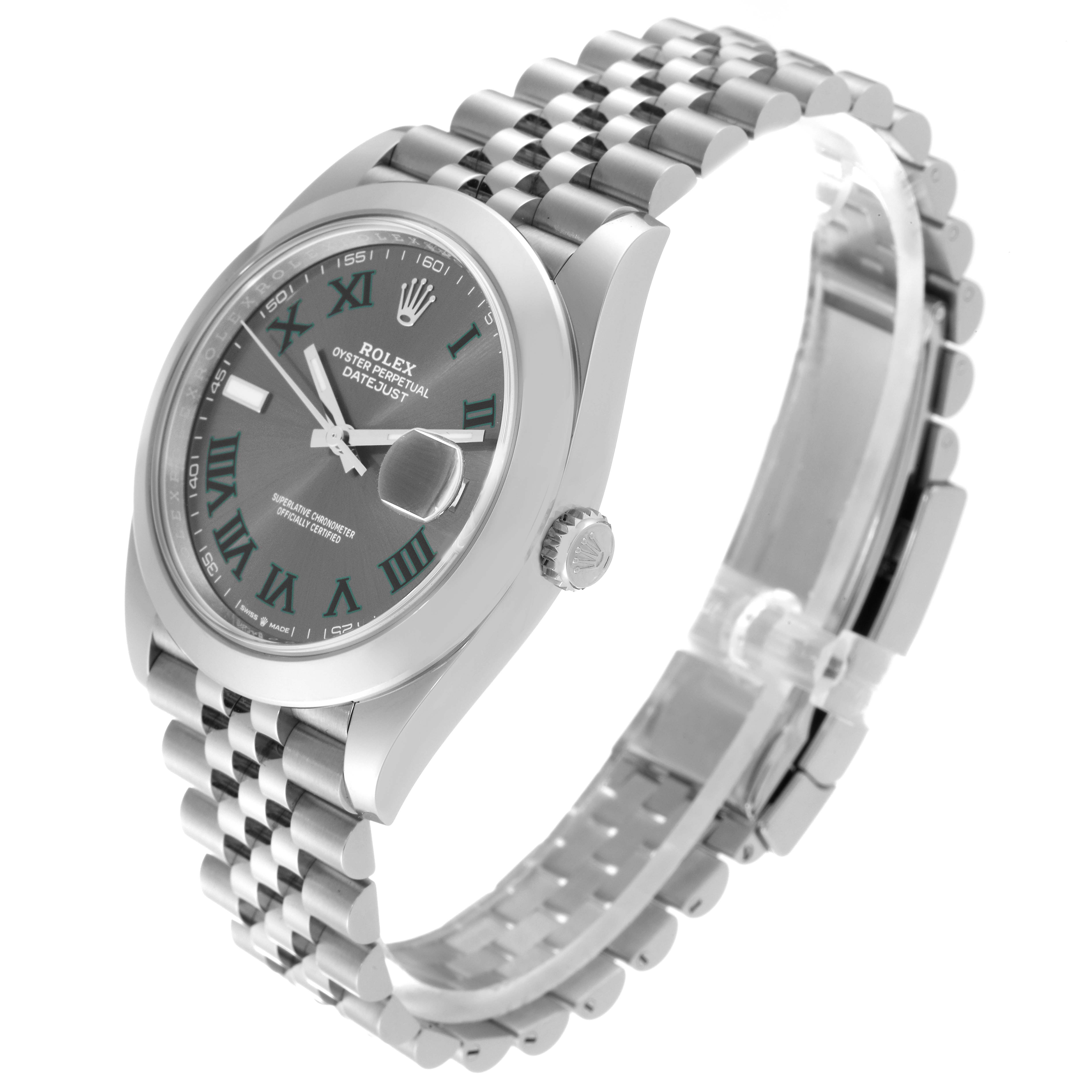 The Rolex Datejust 41 126300 Men
s Stainless Steel Grey Dial 126300 Men
s Stainless Steel Grey Dial watch is shown at an angled side view, displaying the face, crown, and jubilee bracelet.