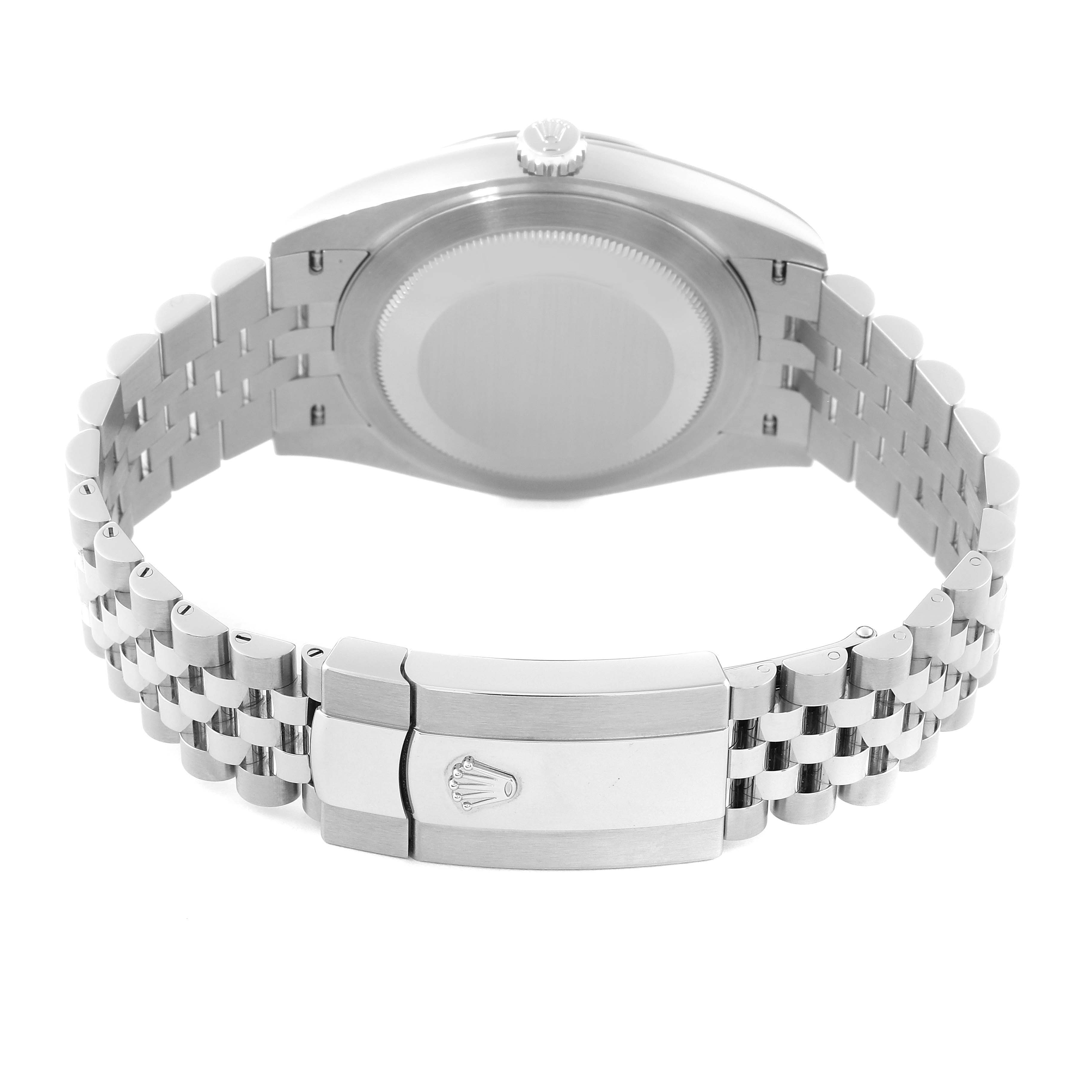 The image shows the back case and clasp of the Rolex Datejust 41 126300 Men
s Stainless Steel Grey Dial 126300 Men
s Stainless Steel Grey Dial watch, angled from the rear.