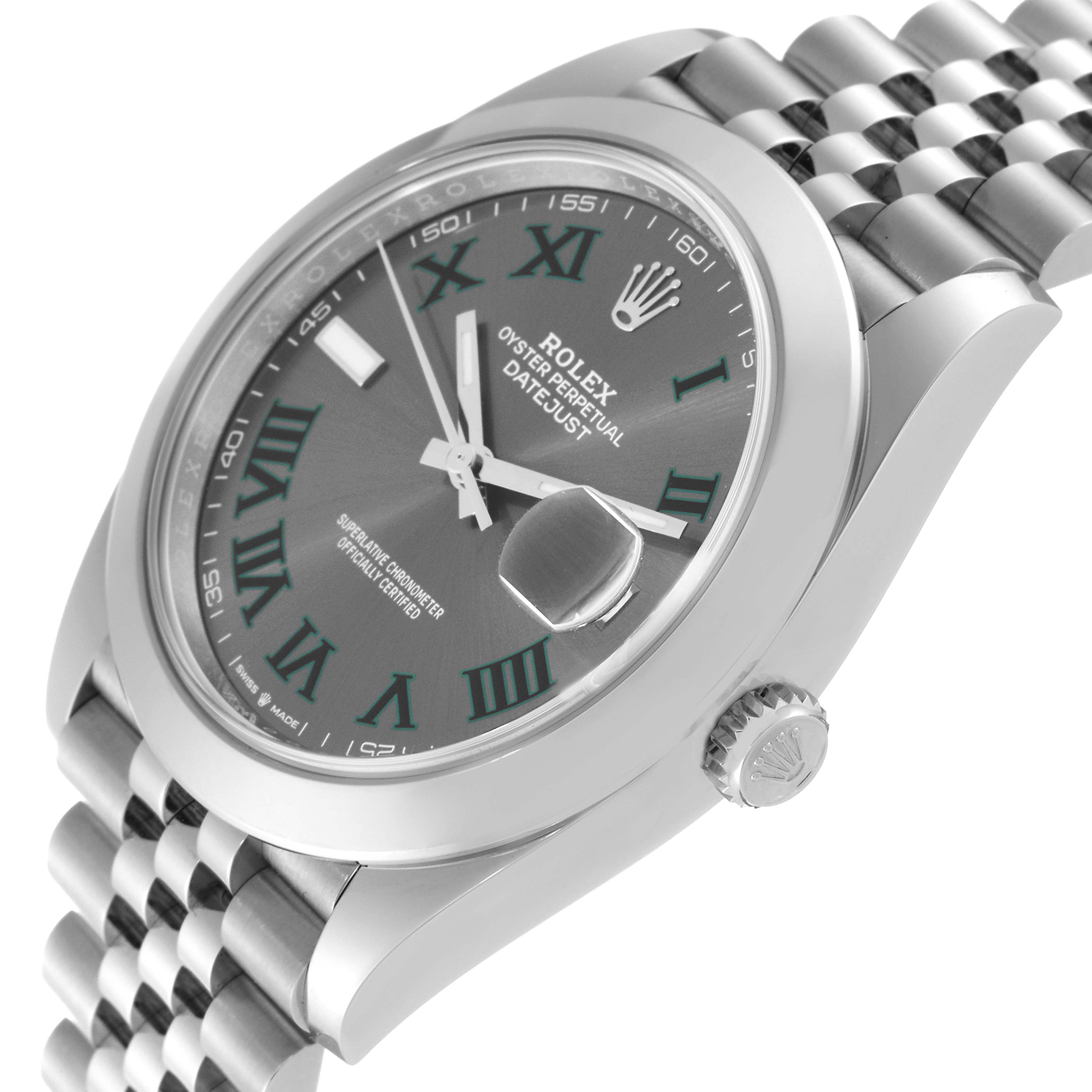 The image shows a Rolex Datejust 41 126300 Men
s Stainless Steel Grey Dial 126300 Men
s Stainless Steel Grey Dial from an angled side view, highlighting the watch face, crown, and part of the bracelet.