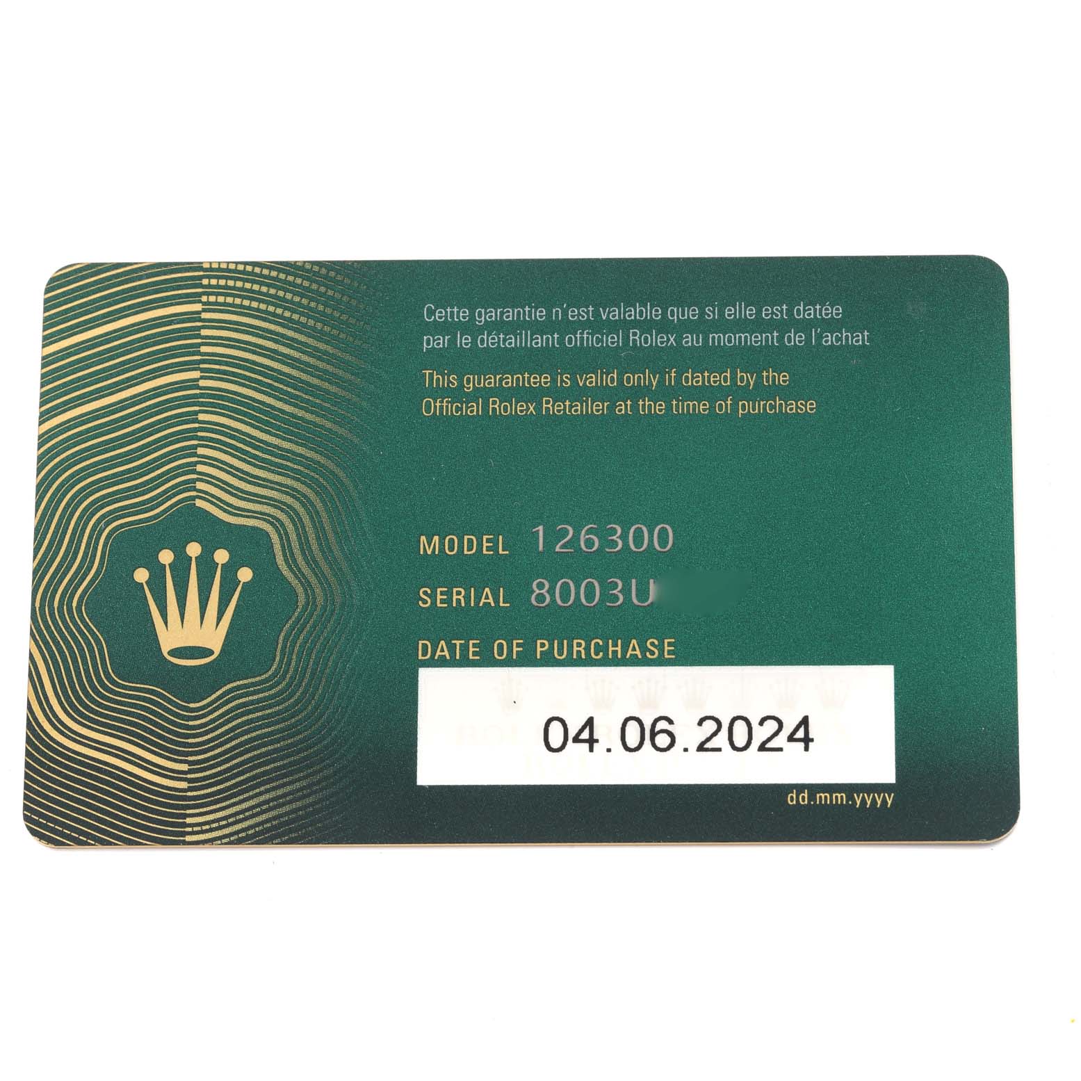 The image shows a warranty card for a Rolex Datejust 41 126300 Men
s Stainless Steel Grey Dial 126300 Men
s Stainless Steel Grey Dial model, displaying the model number, serial number, and date of purchase.