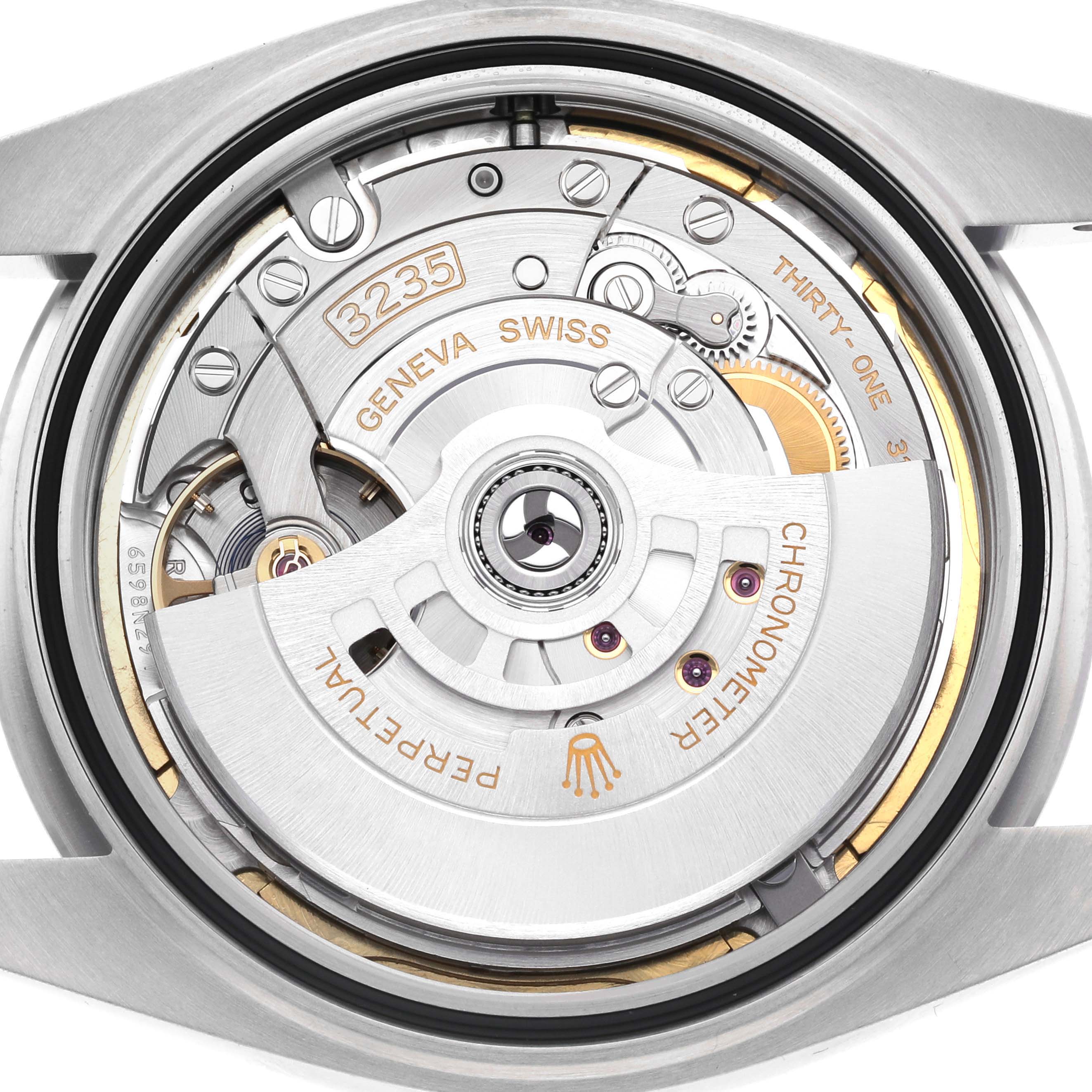 This image shows the internal movement and mechanism of the Rolex Datejust 41 126300 Men
s Stainless Steel Grey Dial 126300 Men
s Stainless Steel Grey Dial watch from the back.