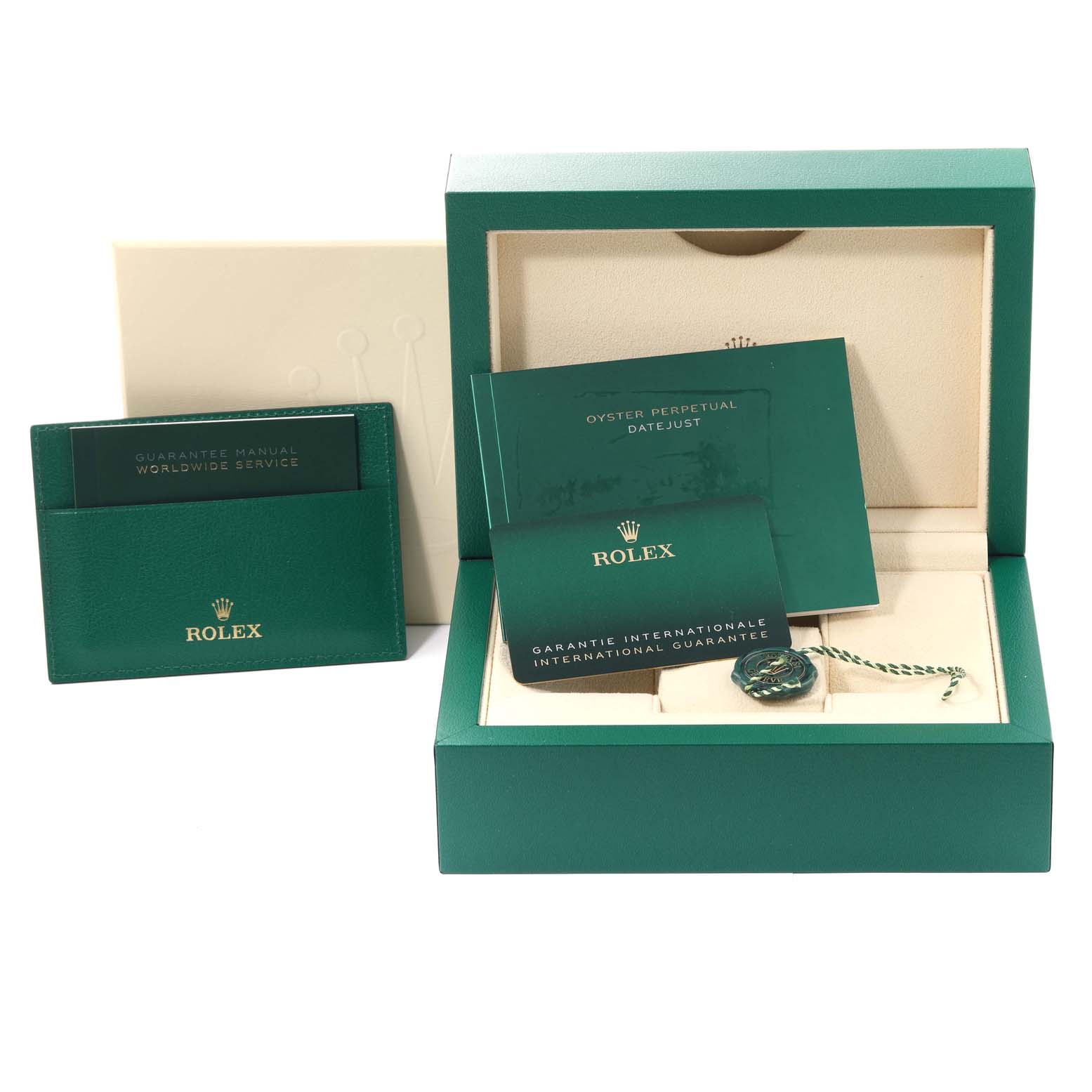 The image shows an open Rolex Datejust 41 126300 Men
s Stainless Steel Grey Dial 126300 Men
s Stainless Steel Grey Dial box, guarantee manual, international guarantee card, and an attached tag.