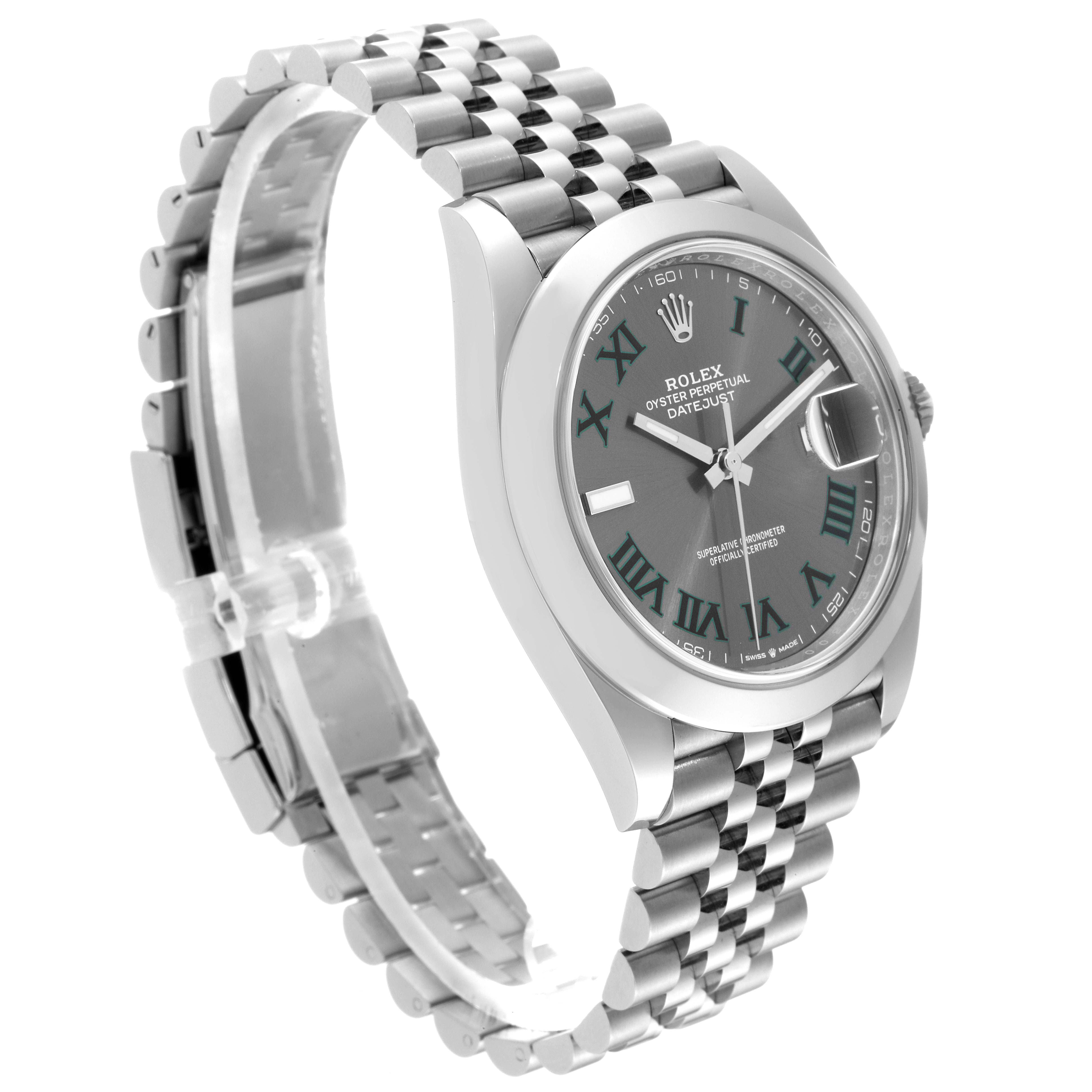The Rolex Datejust 41 126300 Men
s Stainless Steel Grey Dial 126300 Men
s Stainless Steel Grey Dial watch shown is angled to display the case, bracelet, and dial with Roman numerals.
