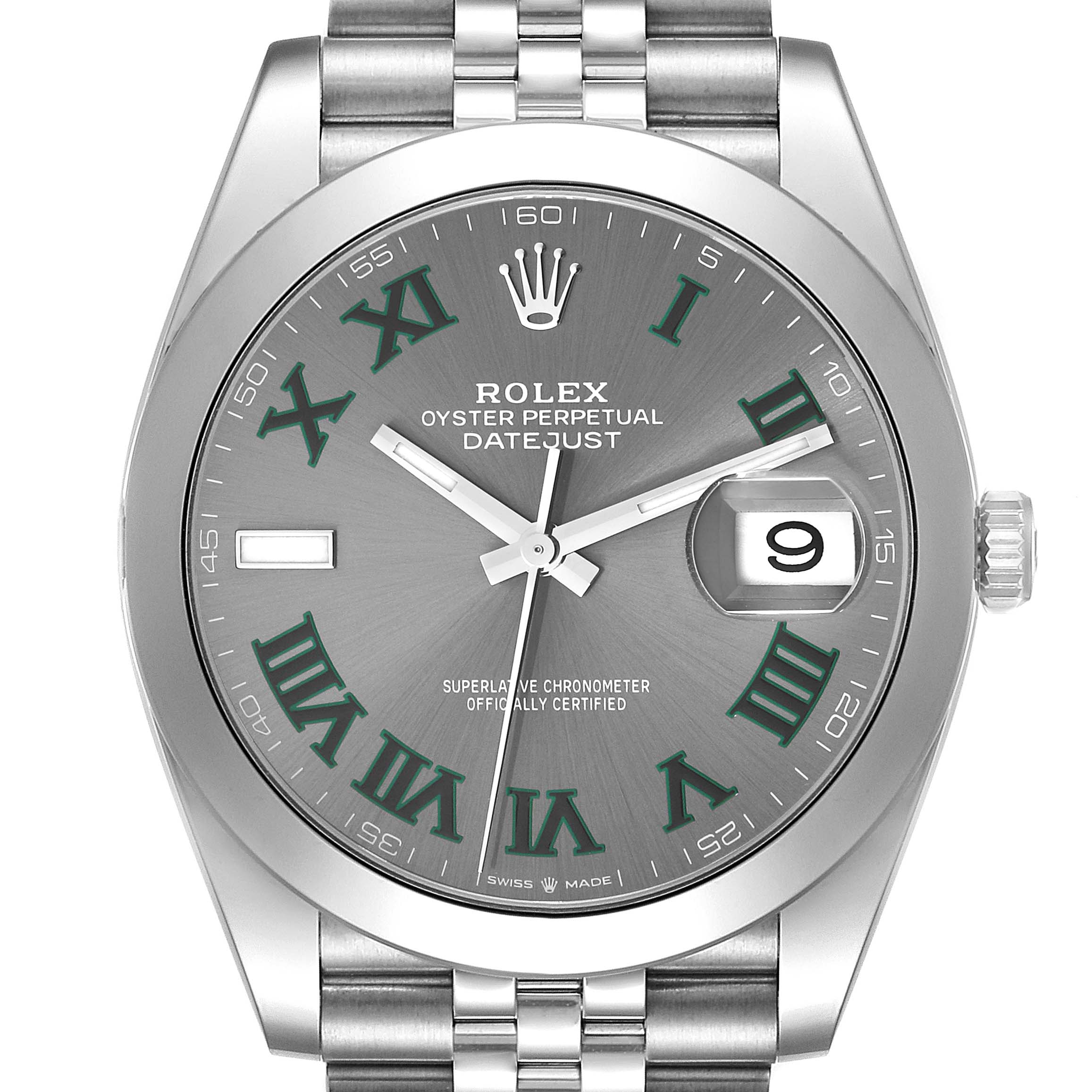 The image shows a front view of the Rolex Datejust 41 126300 Men
s Stainless Steel Grey Dial 126300 Men
s Stainless Steel Grey Dial watch, highlighting the dial, bezel, and part of the bracelet.