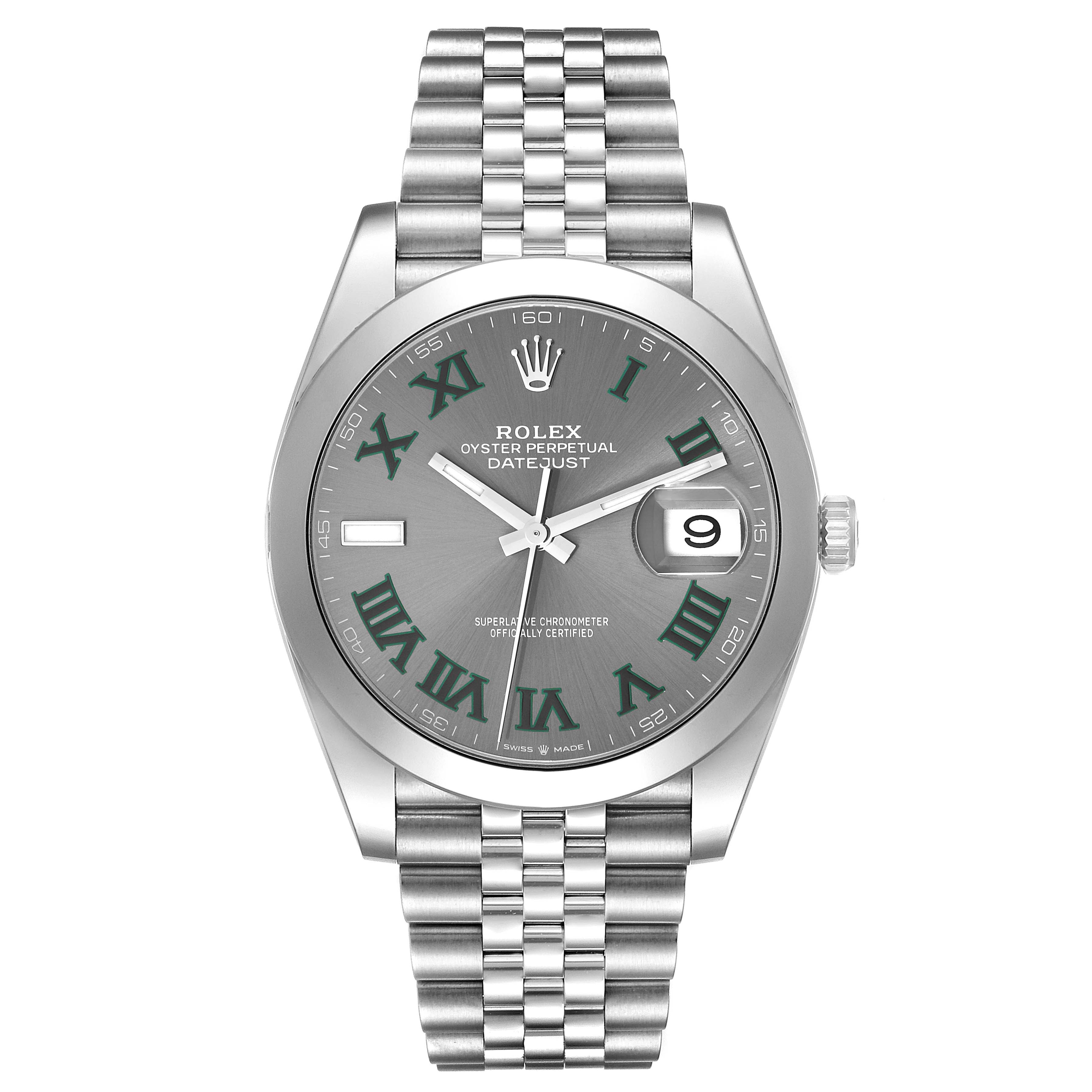 This Rolex Datejust 41 126300 Men
s Stainless Steel Grey Dial 126300 Men
s Stainless Steel Grey Dial watch is shown from the front, displaying its face, crown, and bracelet in a centered view.