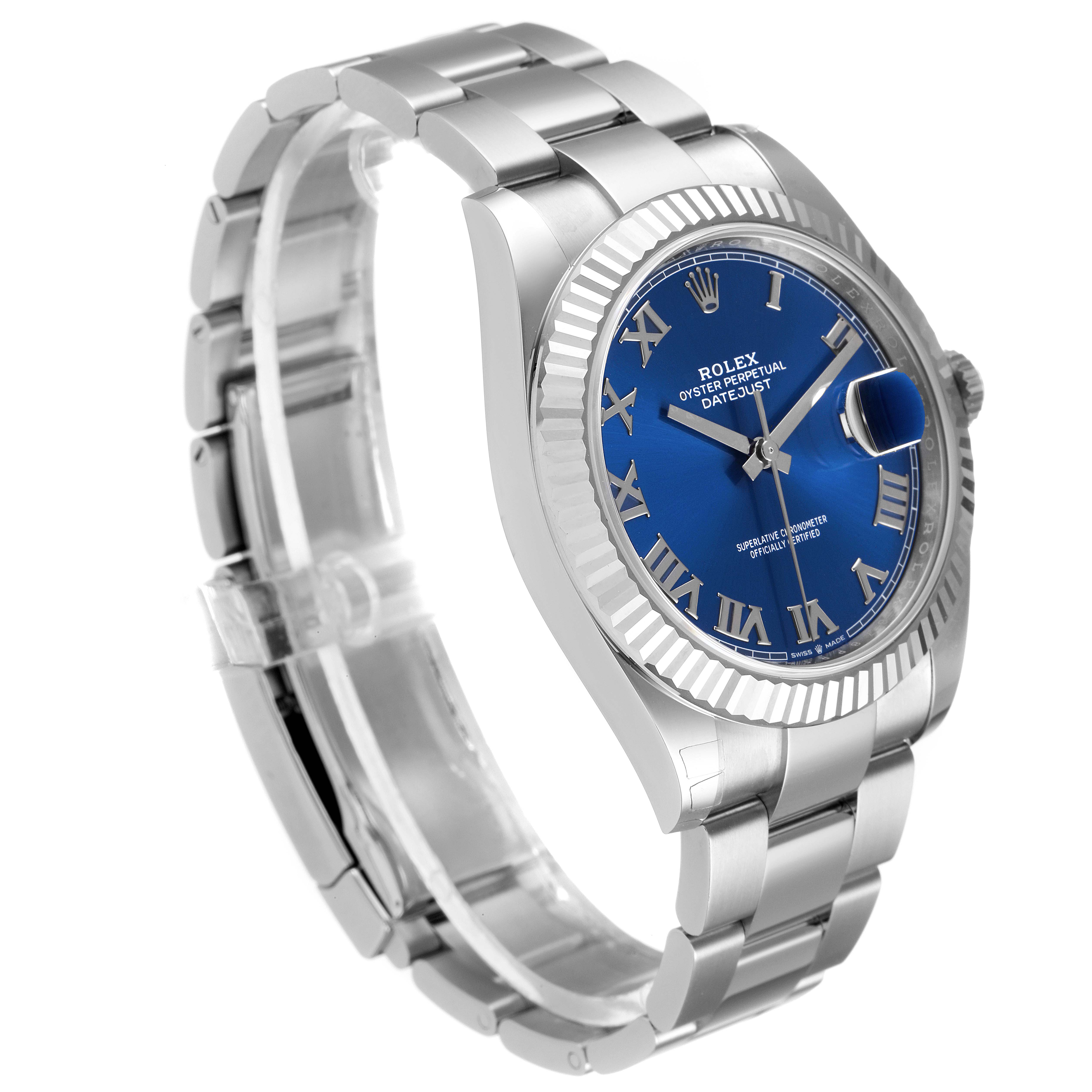 The image shows a side angle of the Rolex Datejust 41 126334 Men
s Stainless Steel Blue Dial 126334 Men
s Stainless Steel Blue Dial, highlighting its blue dial, fluted bezel, and stainless steel bracelet.