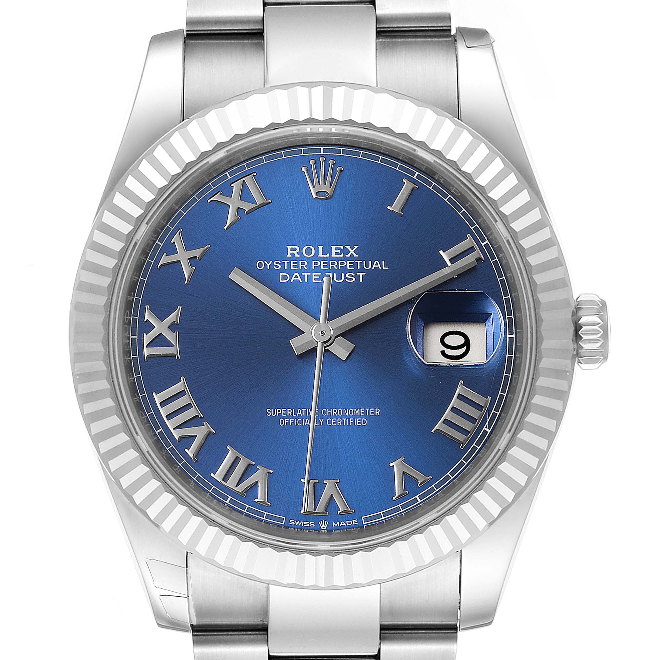 The image shows a front view of the Rolex Datejust 41 126334 Men
s Stainless Steel Blue Dial 126334 Men
s Stainless Steel Blue Dial watch, highlighting its blue dial, Roman numerals, and date display.