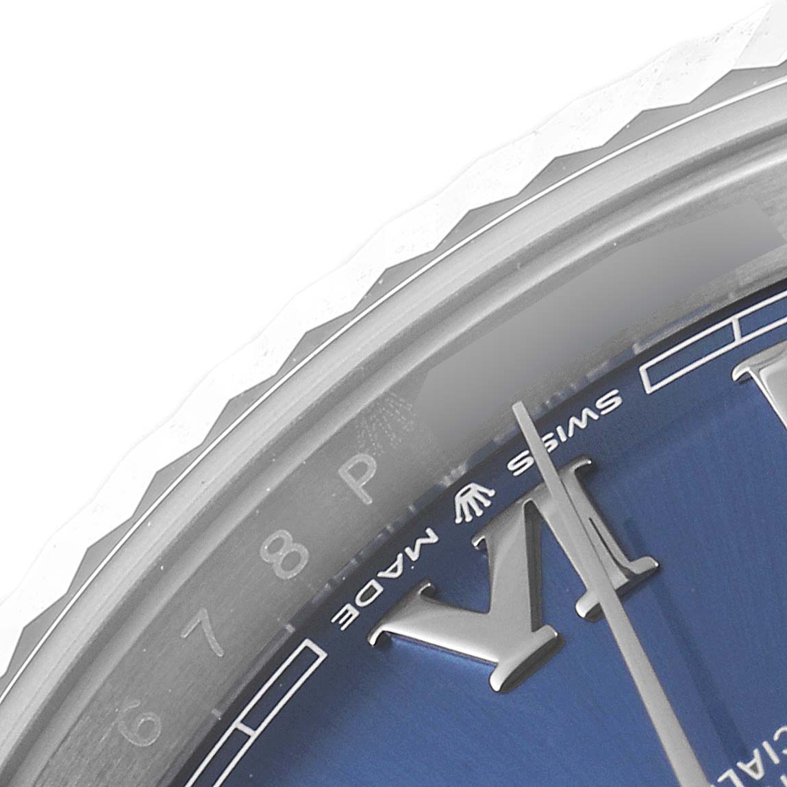 The image shows a close-up of the dial and bezel of the Rolex Datejust 41 126334 Men
s Stainless Steel Blue Dial 126334 Men
s Stainless Steel Blue Dial, highlighting the Roman numerals and fine markings.