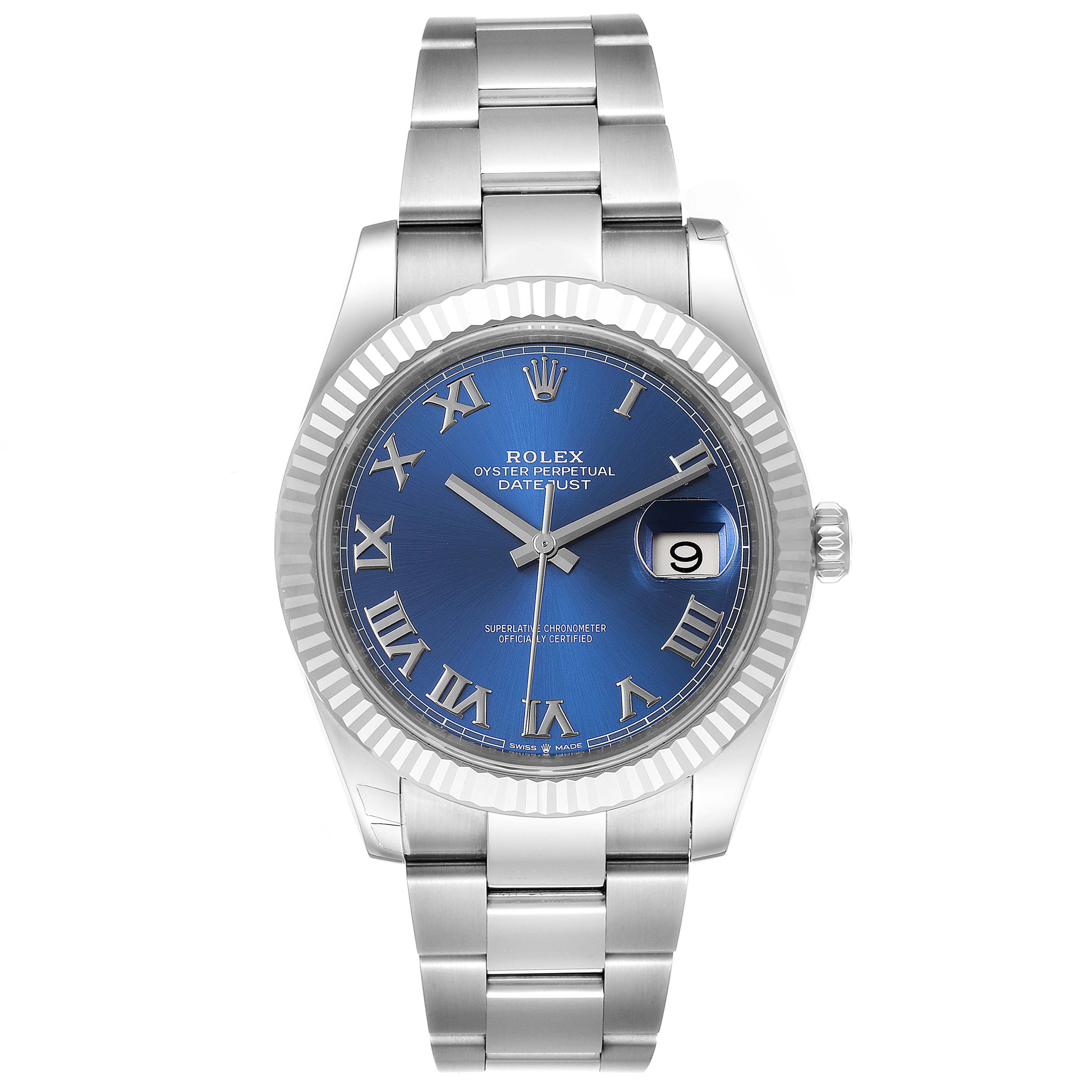 This image shows a Rolex Datejust 41 126334 Men
s Stainless Steel Blue Dial 126334 Men
s Stainless Steel Blue Dial watch from a front angle, displaying the blue dial, Roman numeral markers, and bracelet.