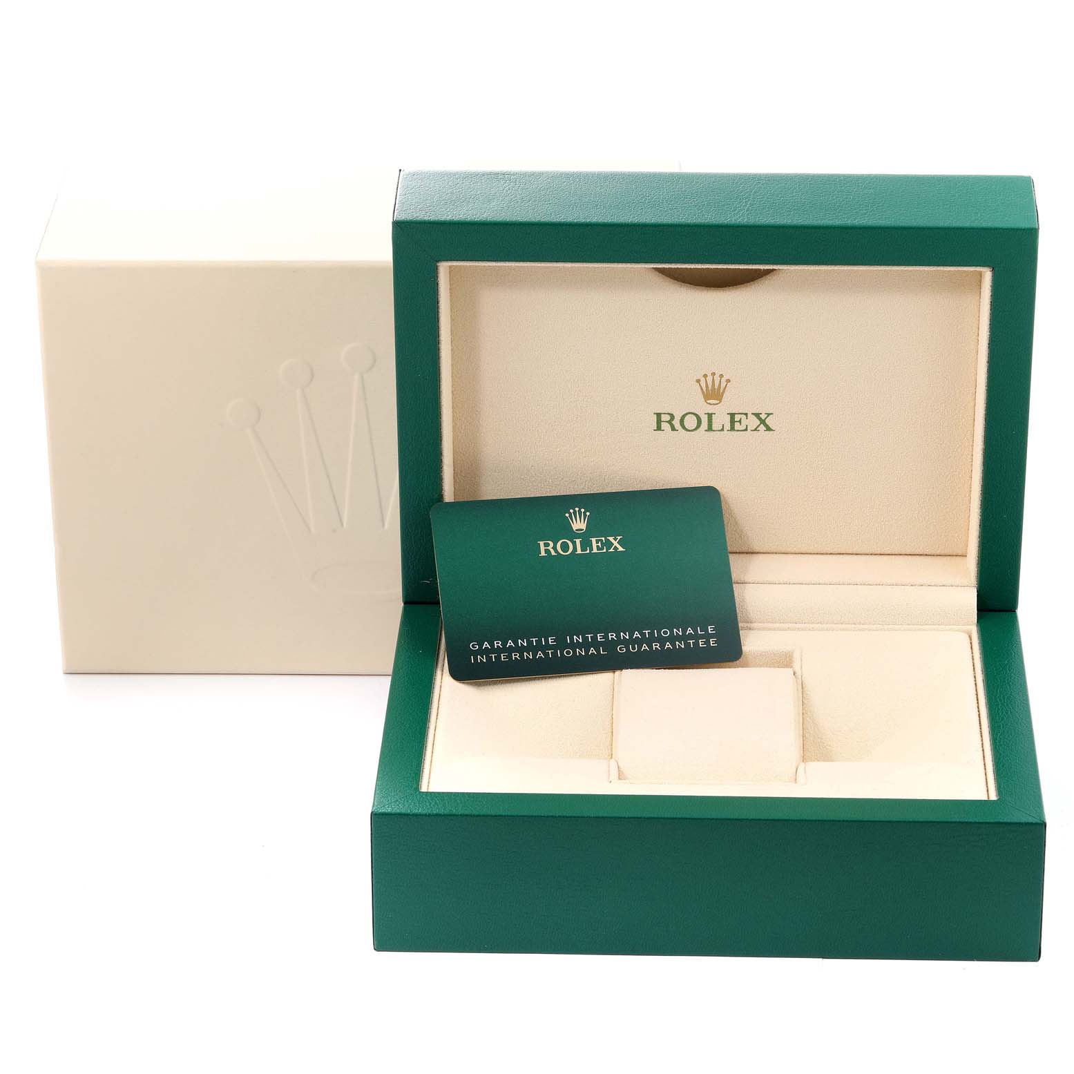 The image shows the packaging box and warranty card for a Rolex Datejust 41 126334 Men's Stainless Steel White Dial 126334 Men's Stainless Steel White Dial model from a front angle.
