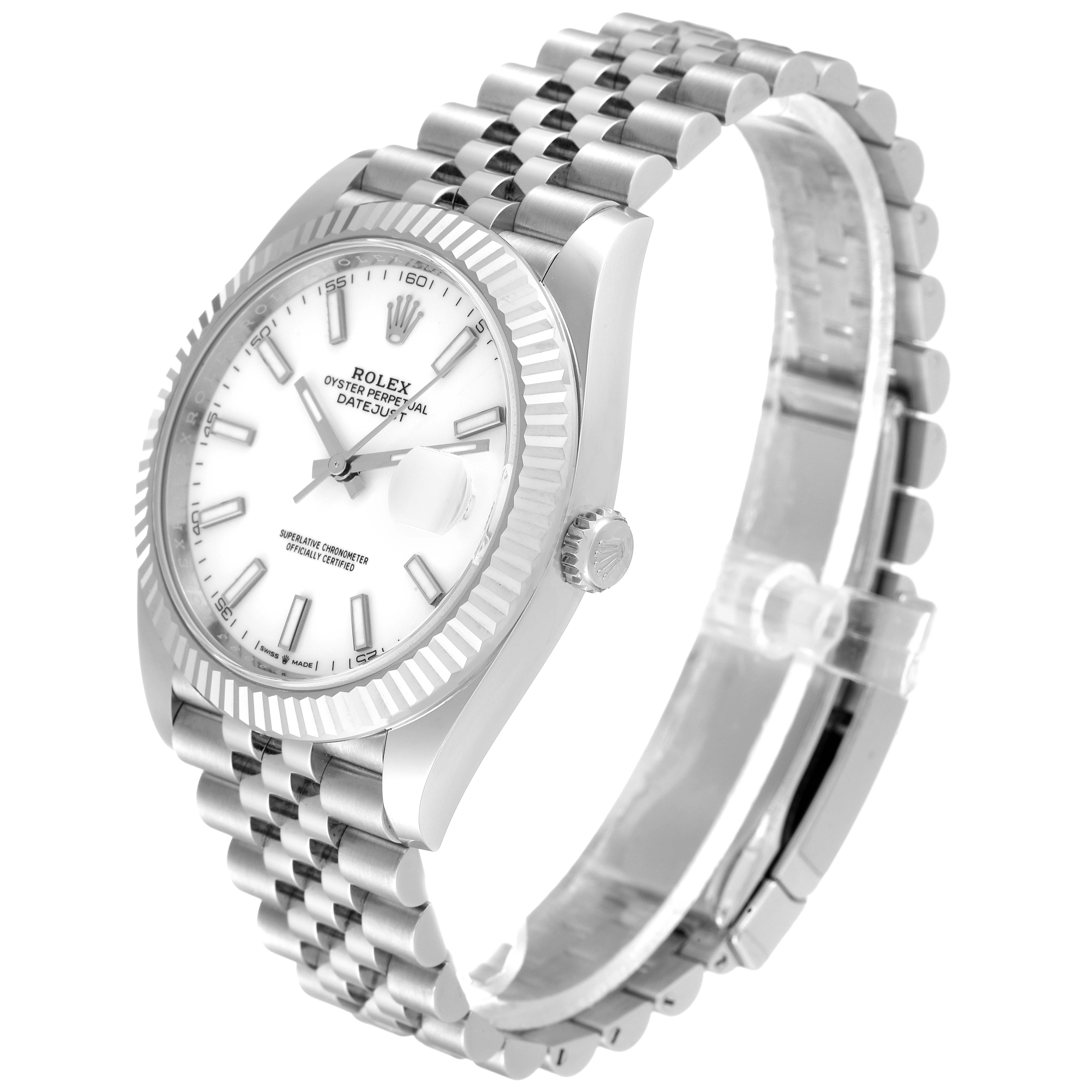 The image shows a Rolex Datejust 41 126334 Men's Stainless Steel White Dial 126334 Men's Stainless Steel White Dial model watch at a three-quarter angle, displaying the dial, bezel, crown, and bracelet.