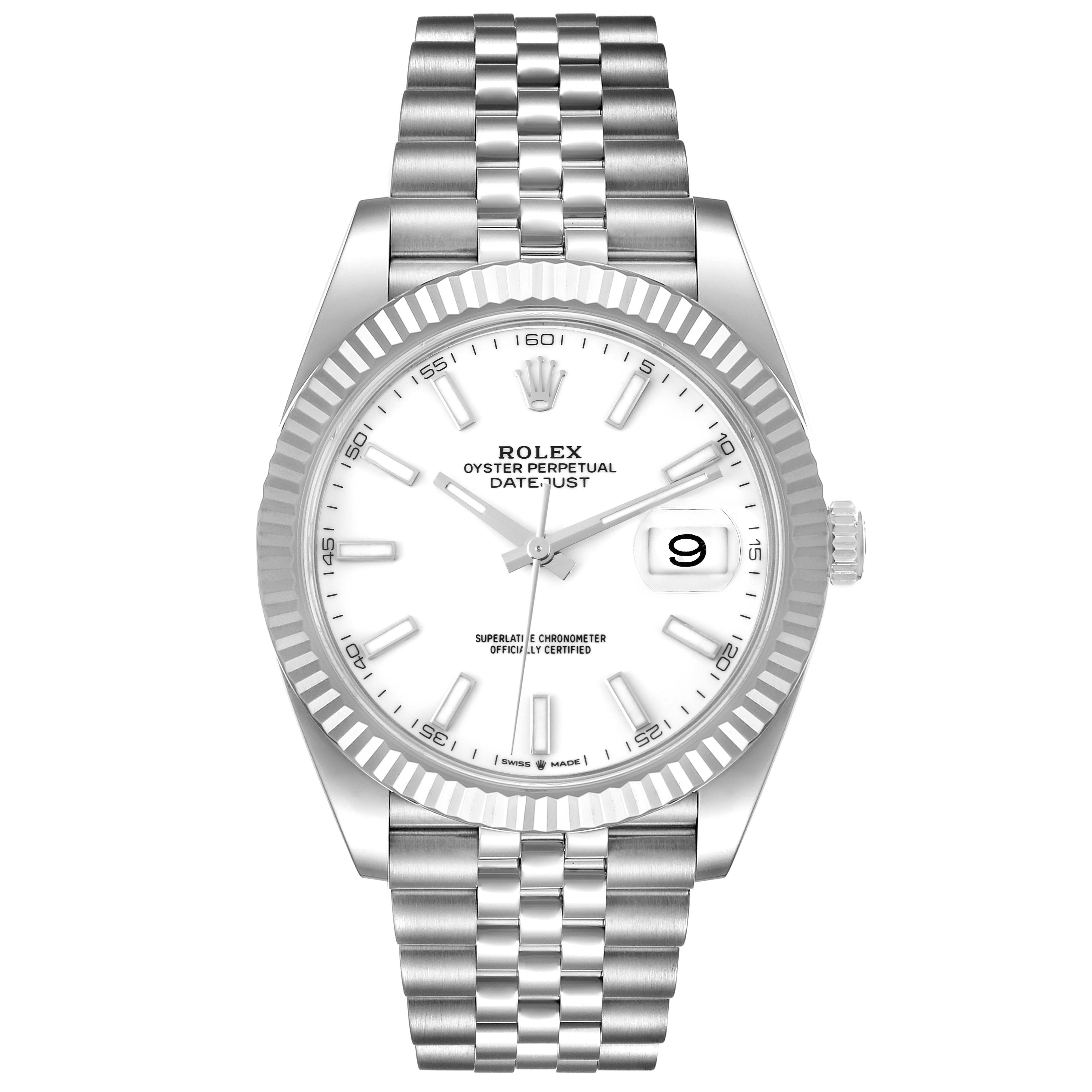The image shows a frontal view of a Rolex Datejust 41 126334 Men's Stainless Steel White Dial 126334 Men's Stainless Steel White Dial watch, displaying the dial, bezel, crown, and bracelet.