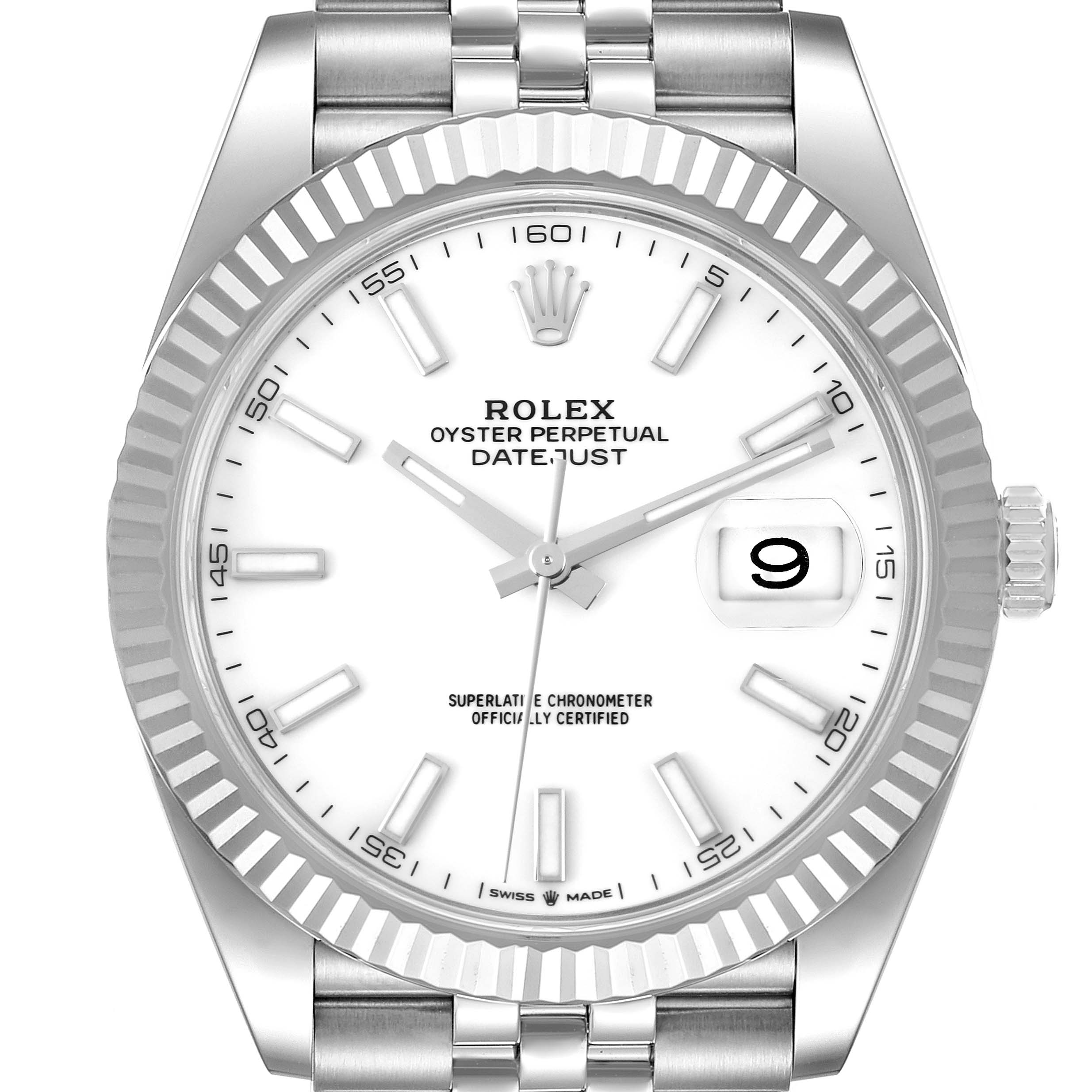 The image shows a frontal view of the Rolex Datejust 41 126334 Men's Stainless Steel White Dial 126334 Men's Stainless Steel White Dial watch, displaying the dial, bezel, crown, and part of the bracelet.