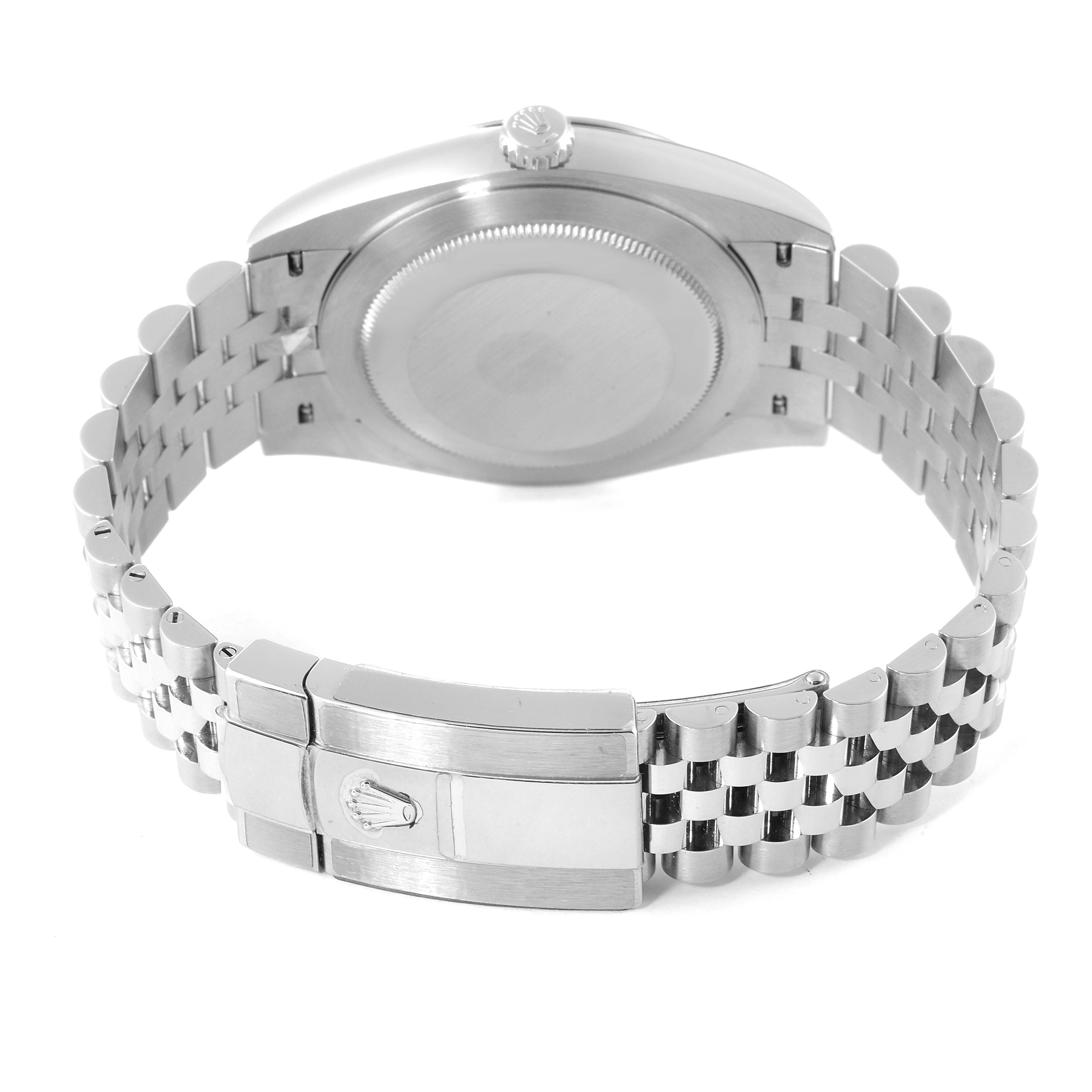 This image shows the back view and bracelet clasp of a Rolex Datejust 41 126334 Men's Stainless Steel White Dial 126334 Men's Stainless Steel White Dial watch.