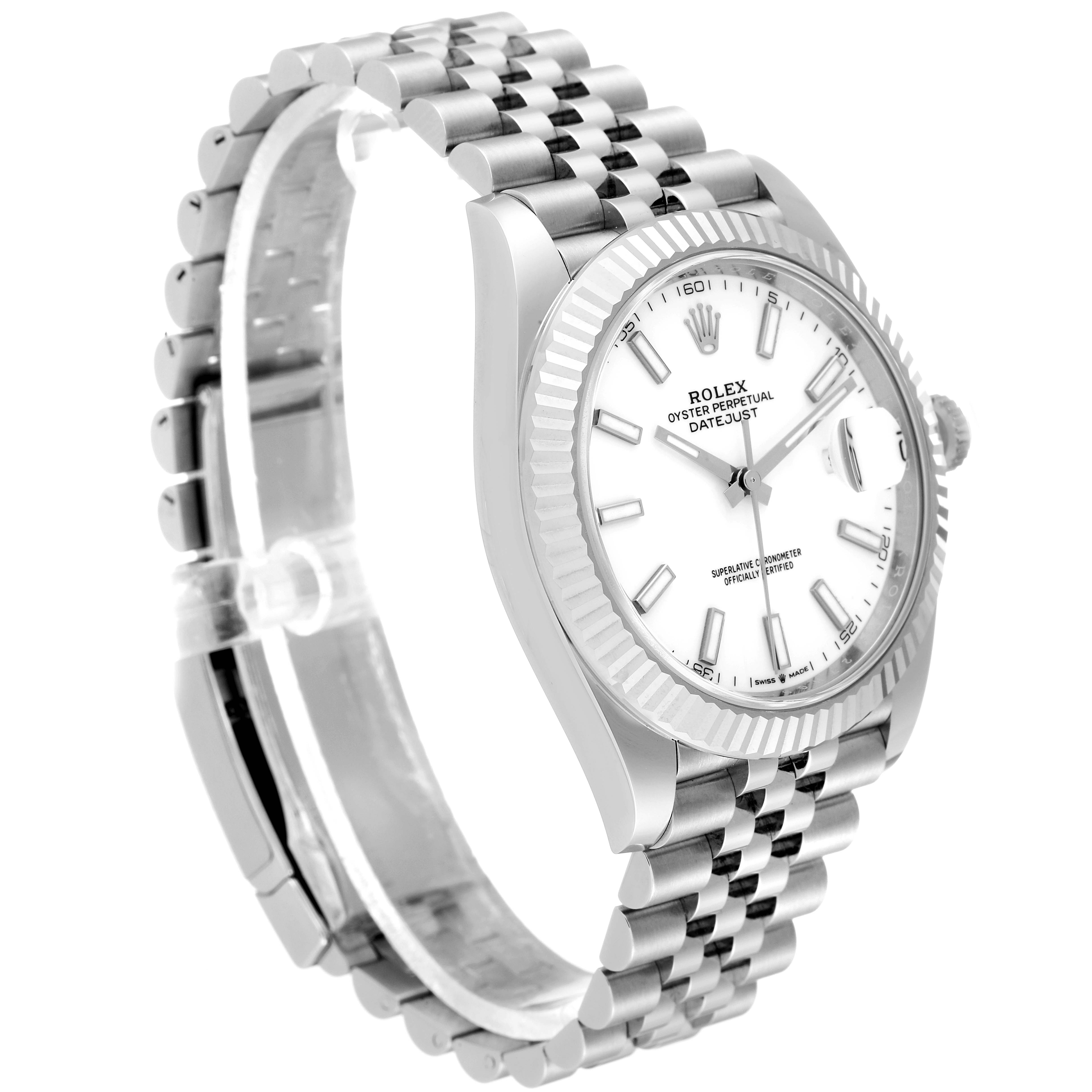 The image shows a Rolex Datejust 41 126334 Men's Stainless Steel White Dial 126334 Men's Stainless Steel White Dial watch angled slightly from the side, highlighting the face, bezel, and Jubilee bracelet.