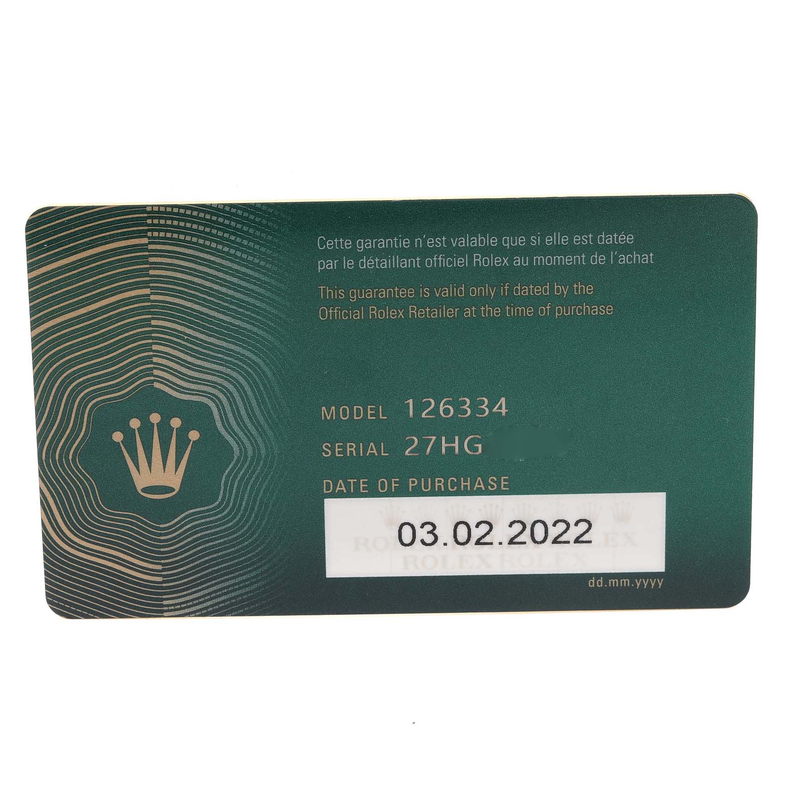 This image shows a warranty card for a Rolex Datejust 41 126334 Men's Stainless Steel White Dial 126334 Men's Stainless Steel White Dial model with serial number and purchase date details.
