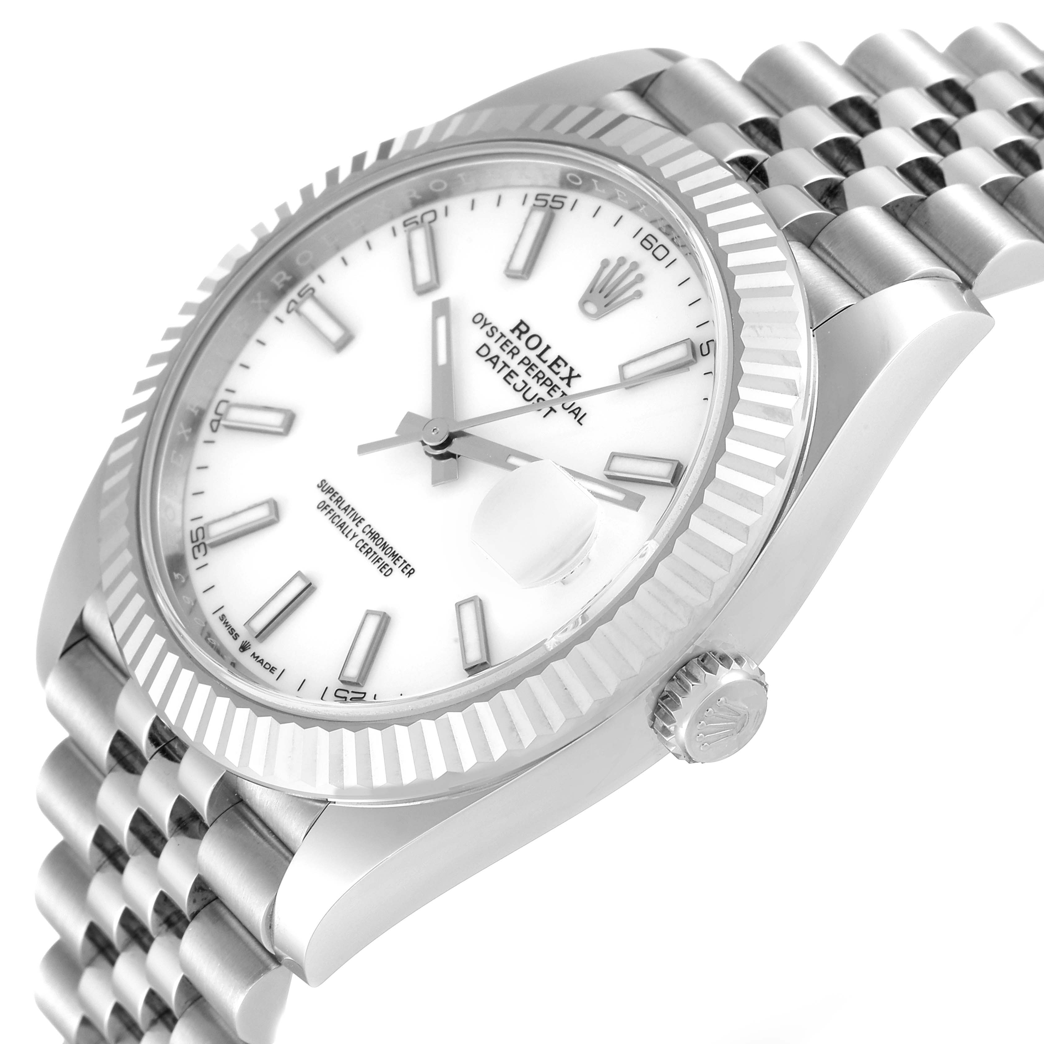 The image shows a Rolex Datejust 41 126334 Men's Stainless Steel White Dial 126334 Men's Stainless Steel White Dial watch from an angled side view, highlighting its face, bezel, crown, and part of the bracelet.