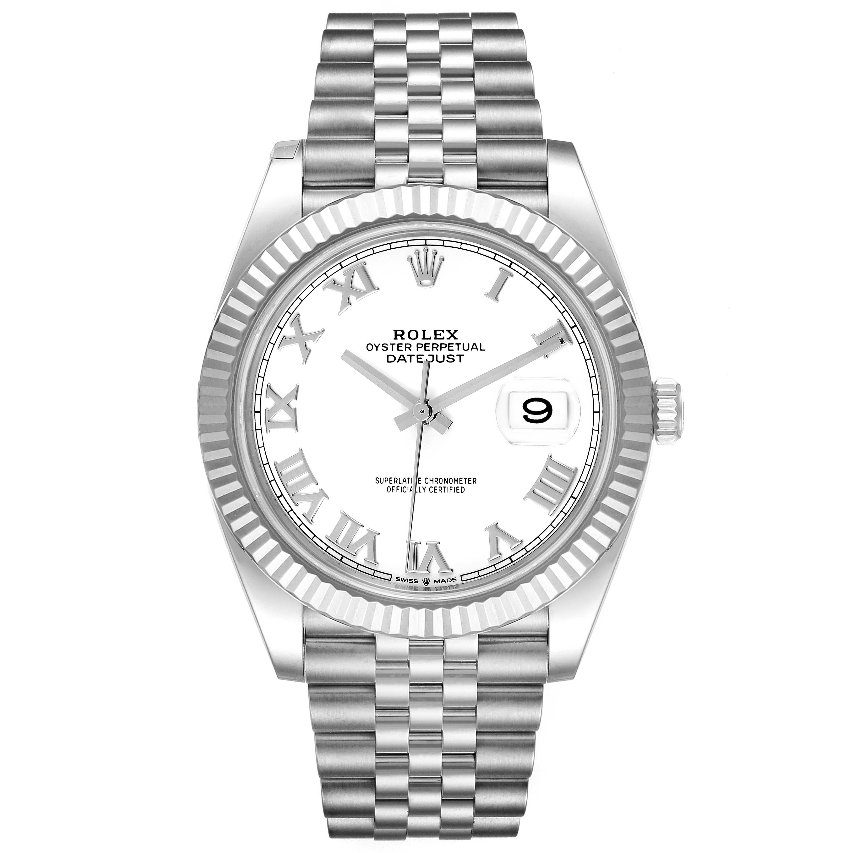 The image shows a front view of the Rolex Datejust 41 126334 Men's Stainless Steel White Dial 126334 Men's Stainless Steel White Dial watch, displaying its dial, bezel, and bracelet.