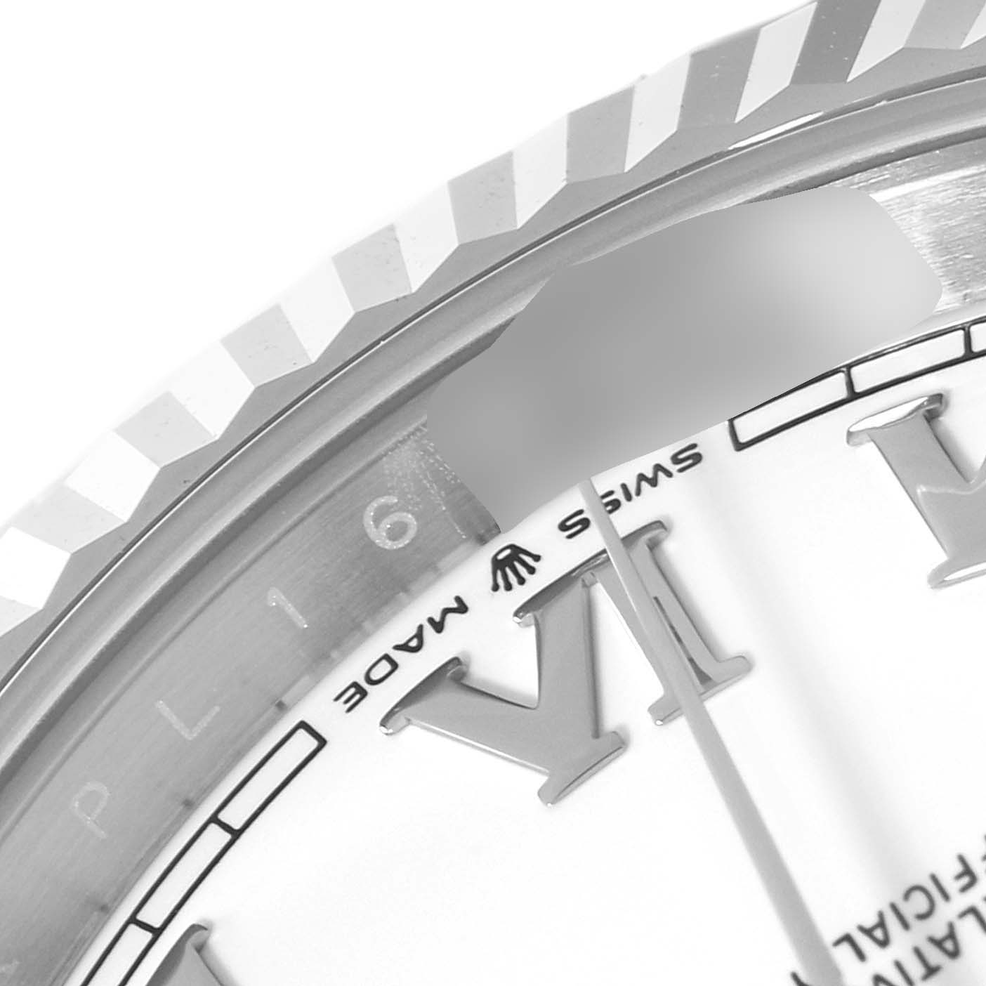 This close-up image shows the bezel, part of the dial, and Roman numeral hour markers of a Rolex Datejust 41 126334 Men's Stainless Steel White Dial 126334 Men's Stainless Steel White Dial watch.