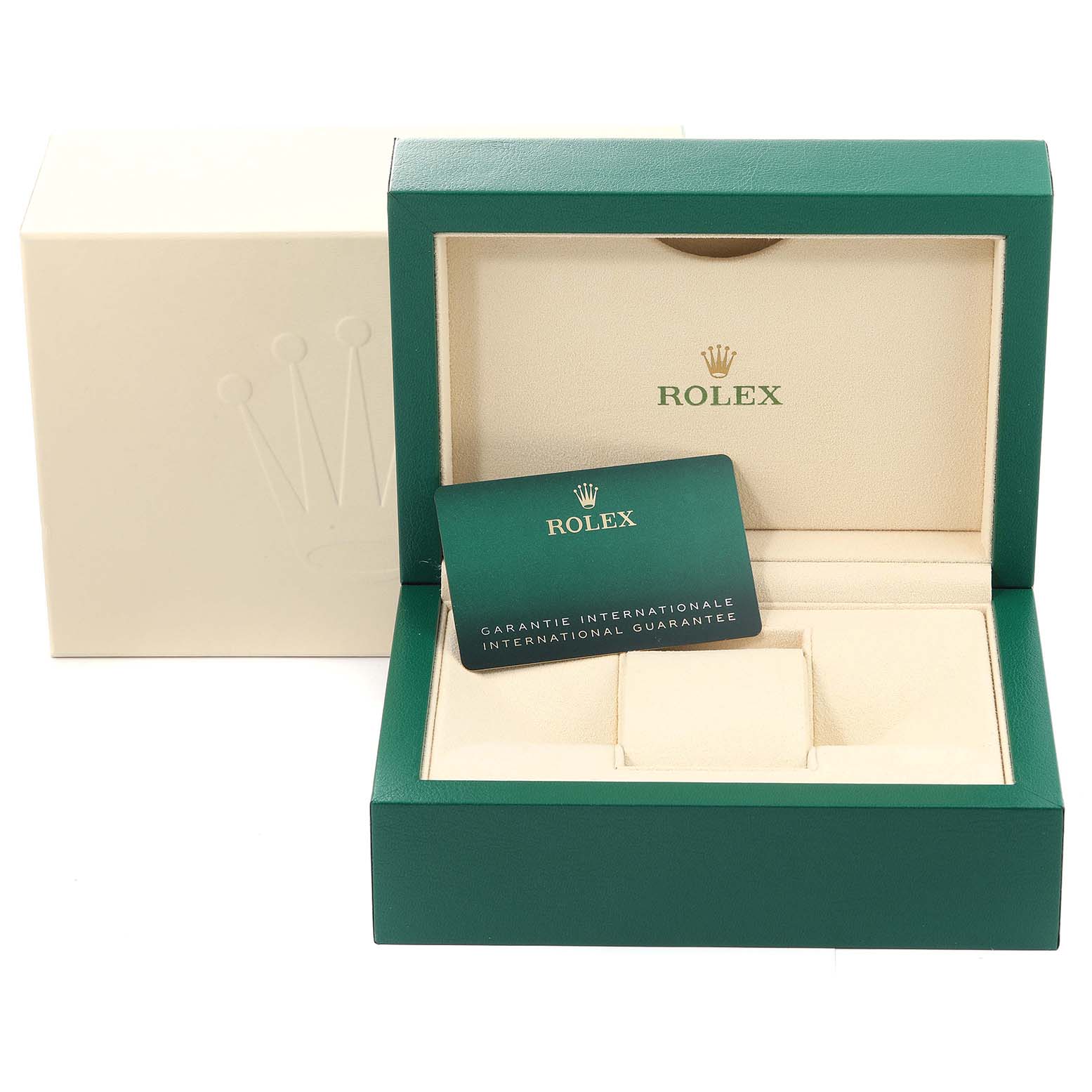 The image shows an open Rolex box for the Datejust 41 model, with the international guarantee card placed inside.